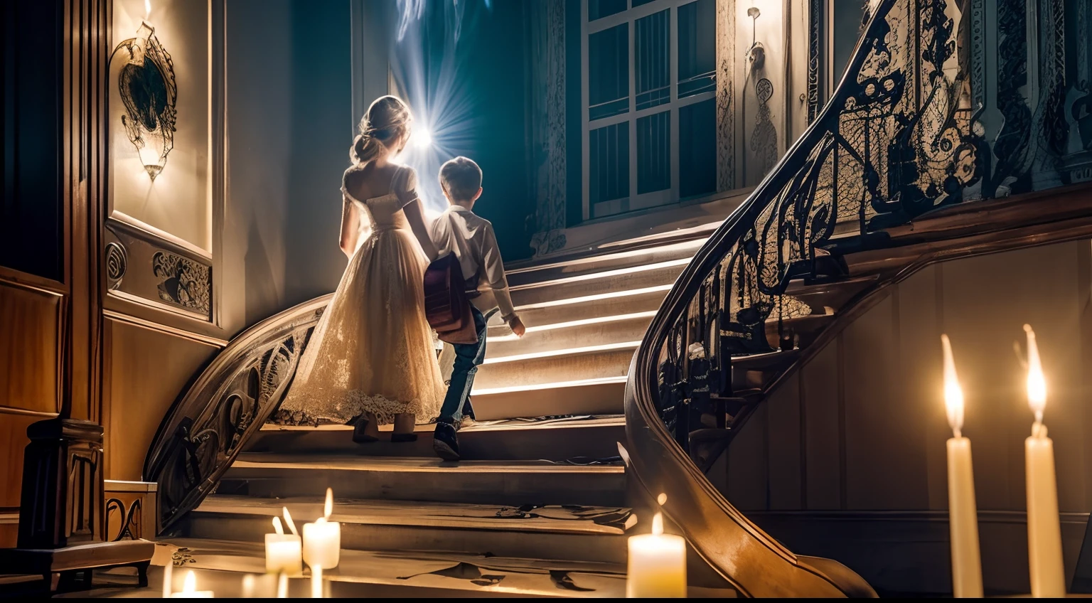 A boy with his back to the viewer is climbing the stairs of a hotel, holding hands with a girl who is also facing away.