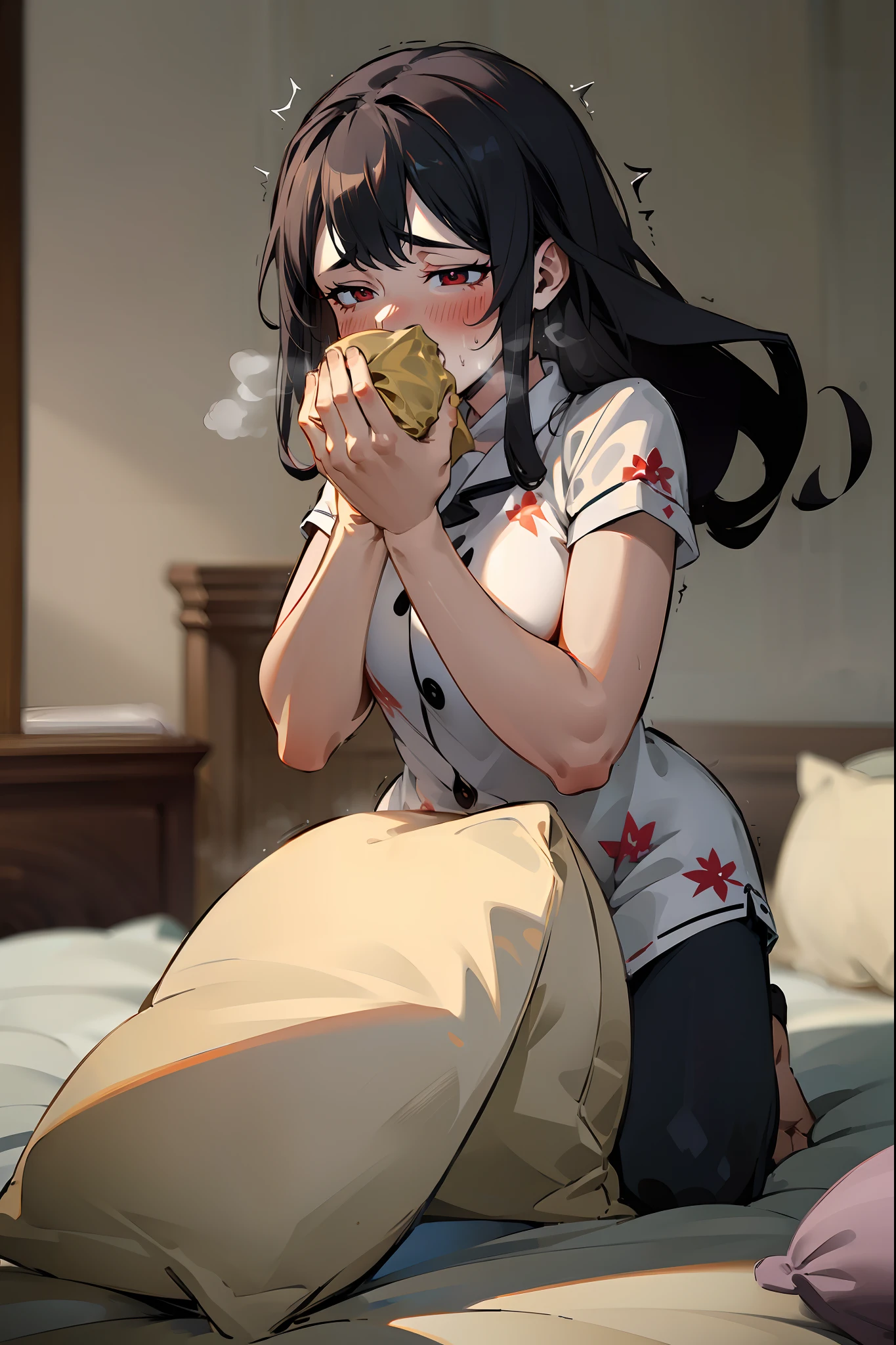 (masterpiece:1.37),solo, girl, humping a pillow, on a bed, long hair, black hair, red eyes, pajama's, (uncontrollable pleasure:1.5), (heavy breathing:1.2), (eyes half closed), at night, moonlight, (masturbation:1.2),(sfw).