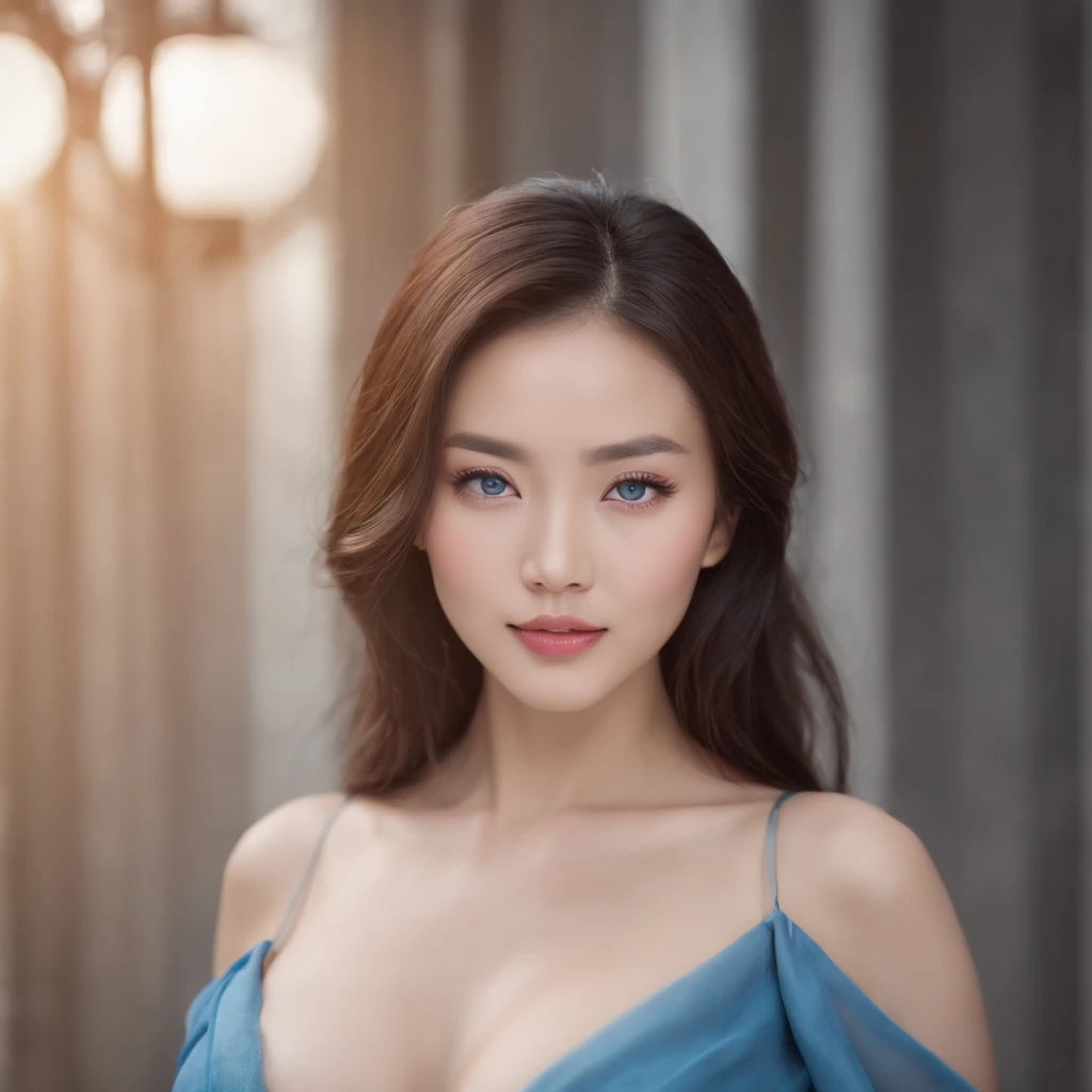 chinese beautiful woman, blue eyes, sexy lips, breast visible