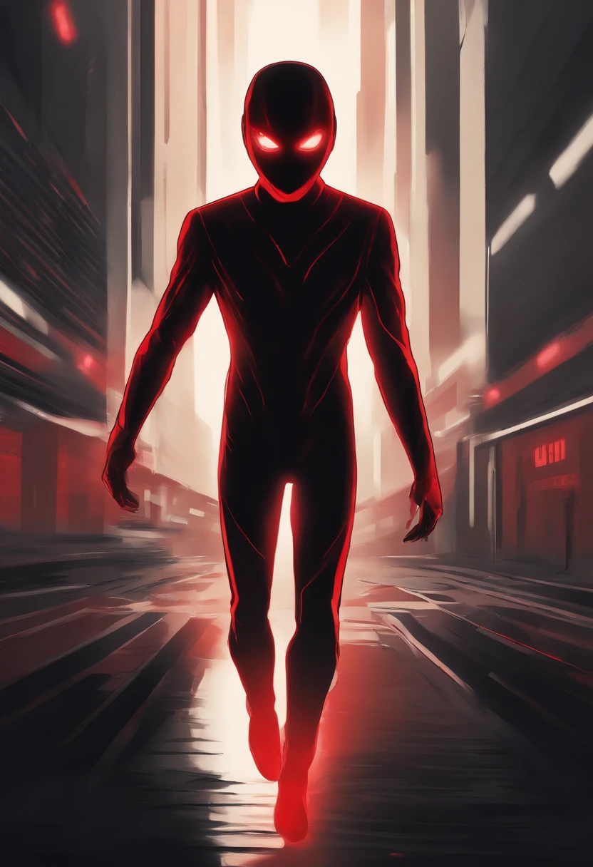 humanoid shaped shadow + Glowing Light Red Eyes + Red Background + Black Random Stripes + mob psycho art