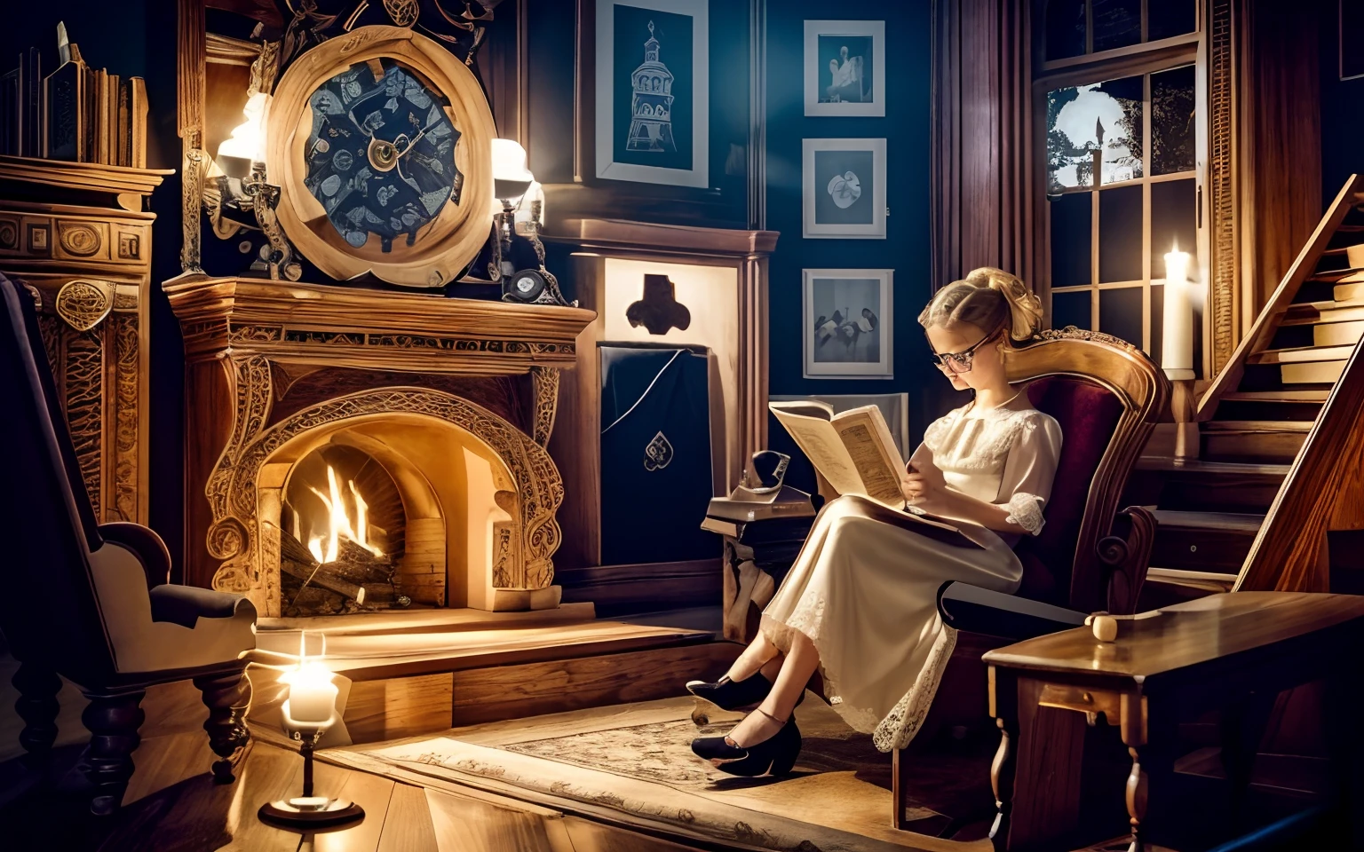 photo of an open scene of a room in a very old and dark house, lit by a reddish-yellow fireplace and candles. A staircase leads to the bedroom doors at the top. On the wall is an old cuckoo clock. In the antique armchair sits a blond woman with ponytail-style hair, wearing a white lace dress and high heels. She is reading a magazine.
Near the fireplace is a -yeld boitting on the dark, reflective wooden floor, wearing school clothes, wearing glasses and playing with a wooden car.
Hyper detailed and dark illustration, rendered at 8k