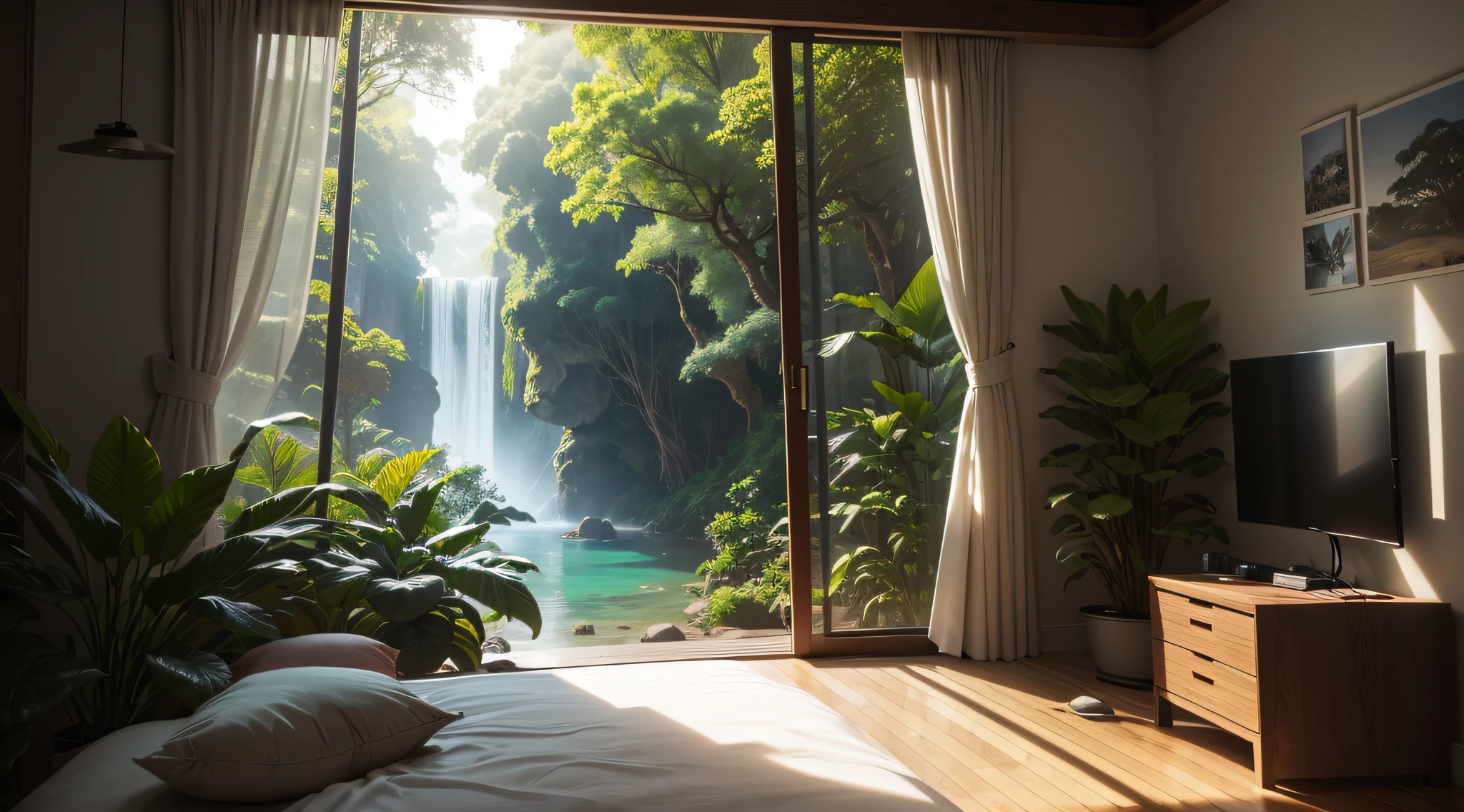 gaming bedroom, landscape, nature, of a dense jungle filled with exotic plants, sakura tree, beautiful lighting, masterpiece, best quality, highres, UHD, depth of field, 4k, RTX, HDR), hyper realistic, 8k UHD, DSLR, high quality, Cinematic light, Amazing, ray tracing, RAW photo, real, atmospheric light refraction,