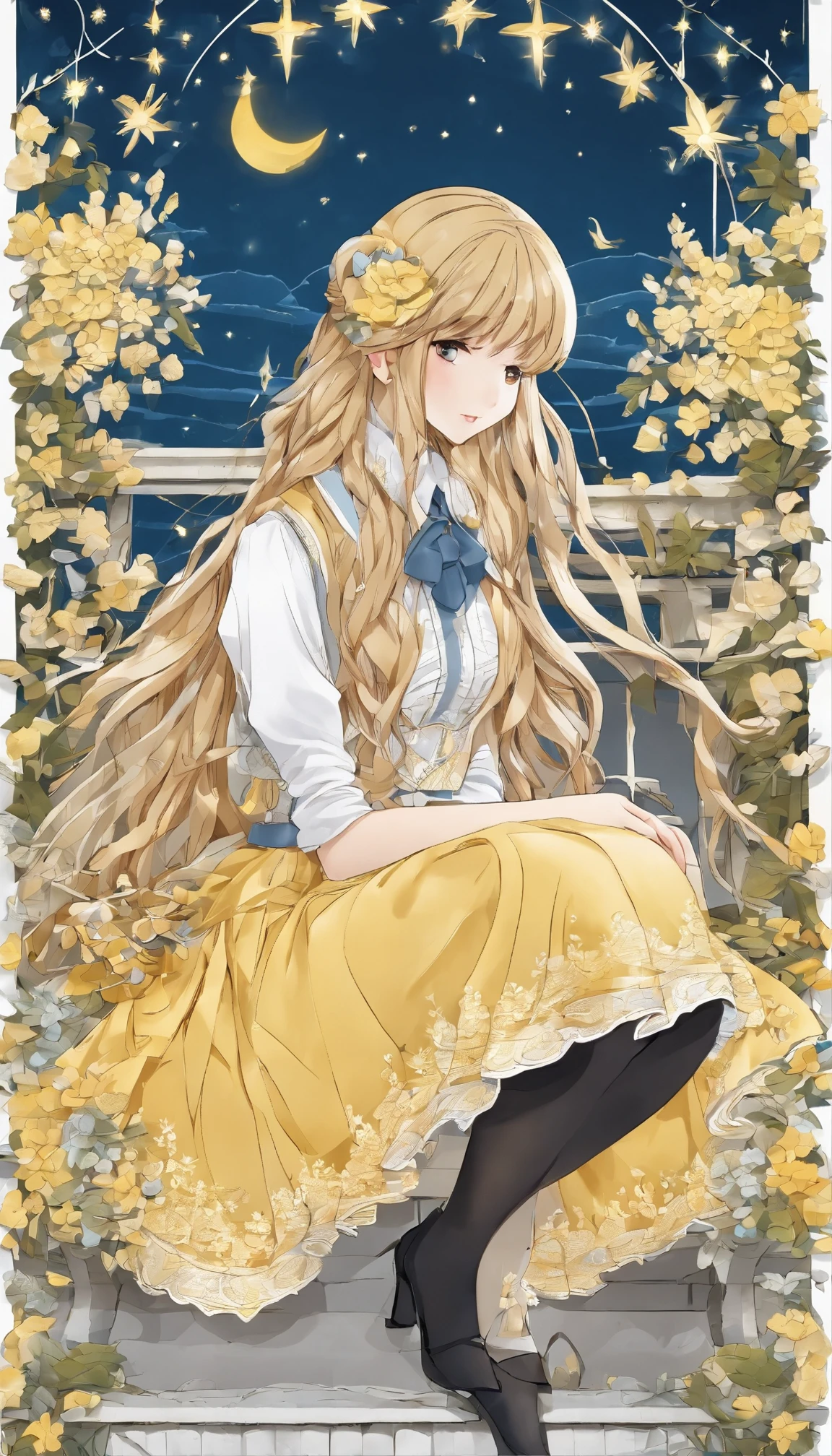 (Best quality,16k,A high resolution),Beautiful long-haired girl,sitting on a bench,Starlight in her eyes,Yellow school uniform,a blue tie,Detailed description of the skirt, Detailed description of floral pattern stockings.