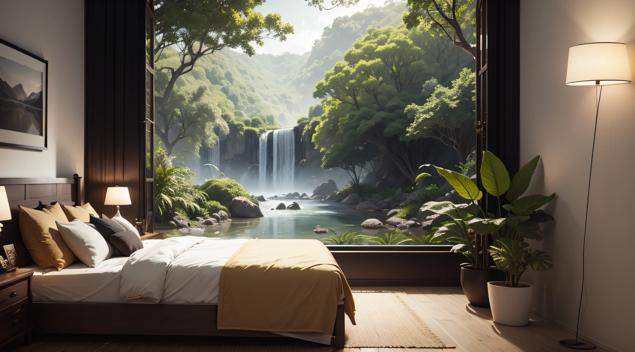 gaming bedroom, landscape, nature, of a dense jungle filled with exotic plants, sakura tree, beautiful lighting, masterpiece, best quality, highres, UHD, depth of field, 4k, RTX, HDR), hyper realistic, 8k UHD, DSLR, high quality, Cinematic light, Amazing, ray tracing, RAW photo, real, atmospheric light refraction,