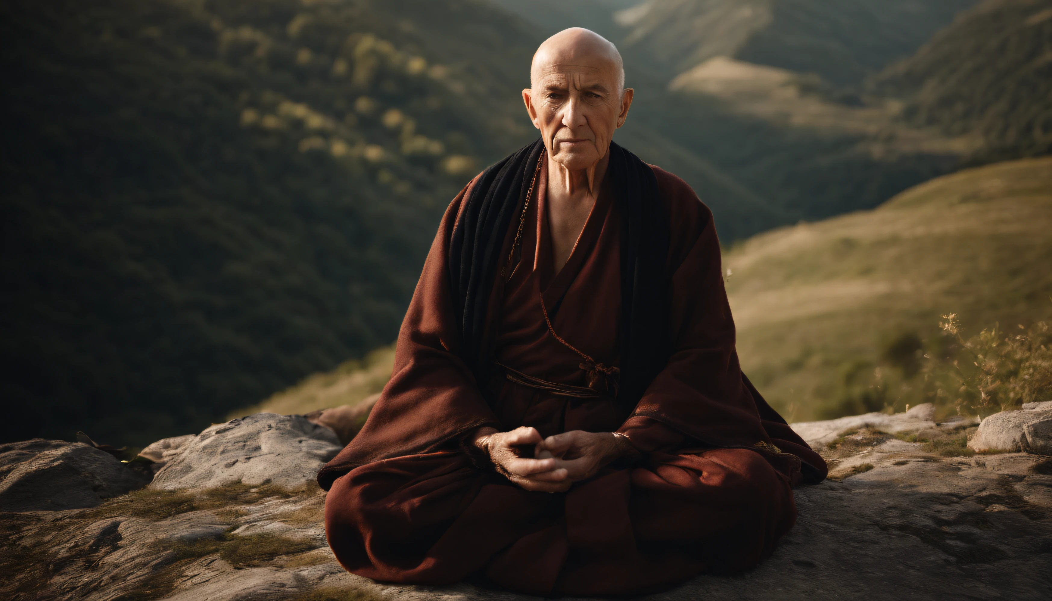photo of an inspiring setting full of Italian mountains, of a man about 90 years old, bald zen master, on his back meditating, ultra sharp focus, photo realistic, medieval men's clothing, tetrahedral colors (scar:1,4)