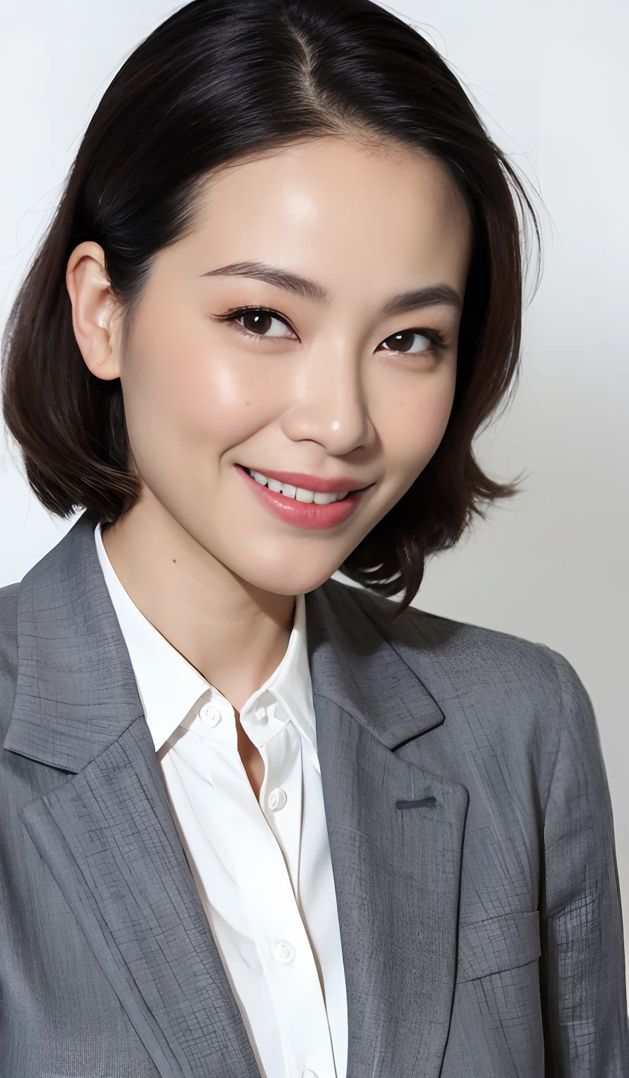 masterpiece,best quality, (1 milf), ((close up:0.5)), ((cross arms)), glare, gray blazer, white shirt, double eyelid, eyelash, lip gloss, (smile:1), ((close eyes:0.85)), ((open mouth:1, point to own chest:1)), ((Looking at Viewer)), RAW, (from above:0.2), ((nobody)), office,