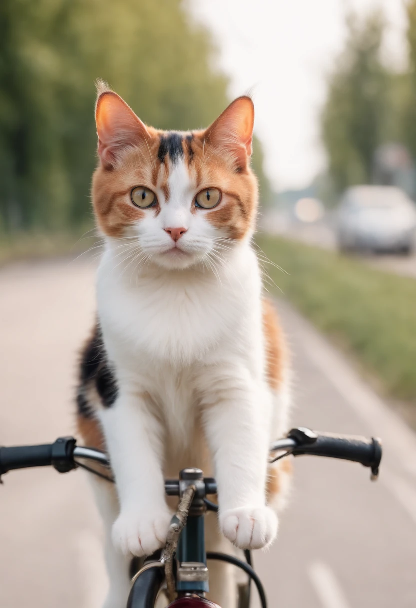 a combination of cute tricolor calico cat on a bicycle, on the highway, detailed pictures, rendered in a photo-realistic style.