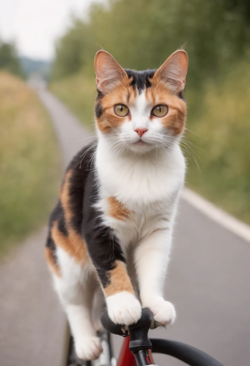 a combination of cute tricolor calico cat on a bicycle, on the highway, detailed pictures, rendered in a photo-realistic style.