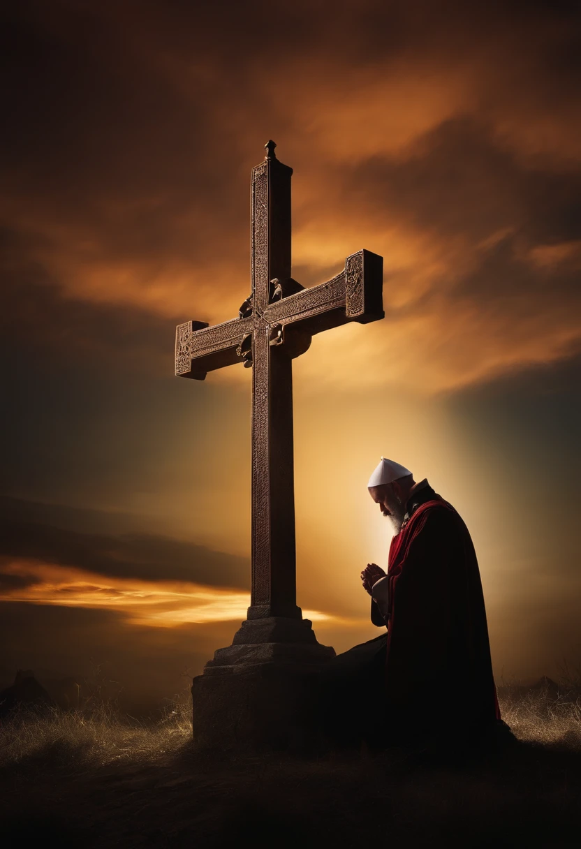 old templar night praying in front of a cross