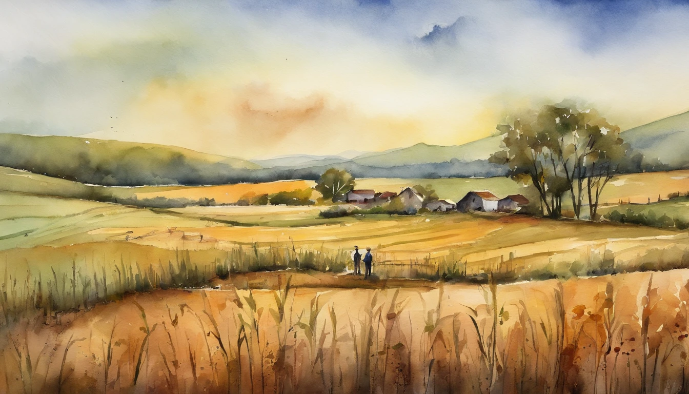 a farmer's field with damaged crops and frustrated farmers looking on