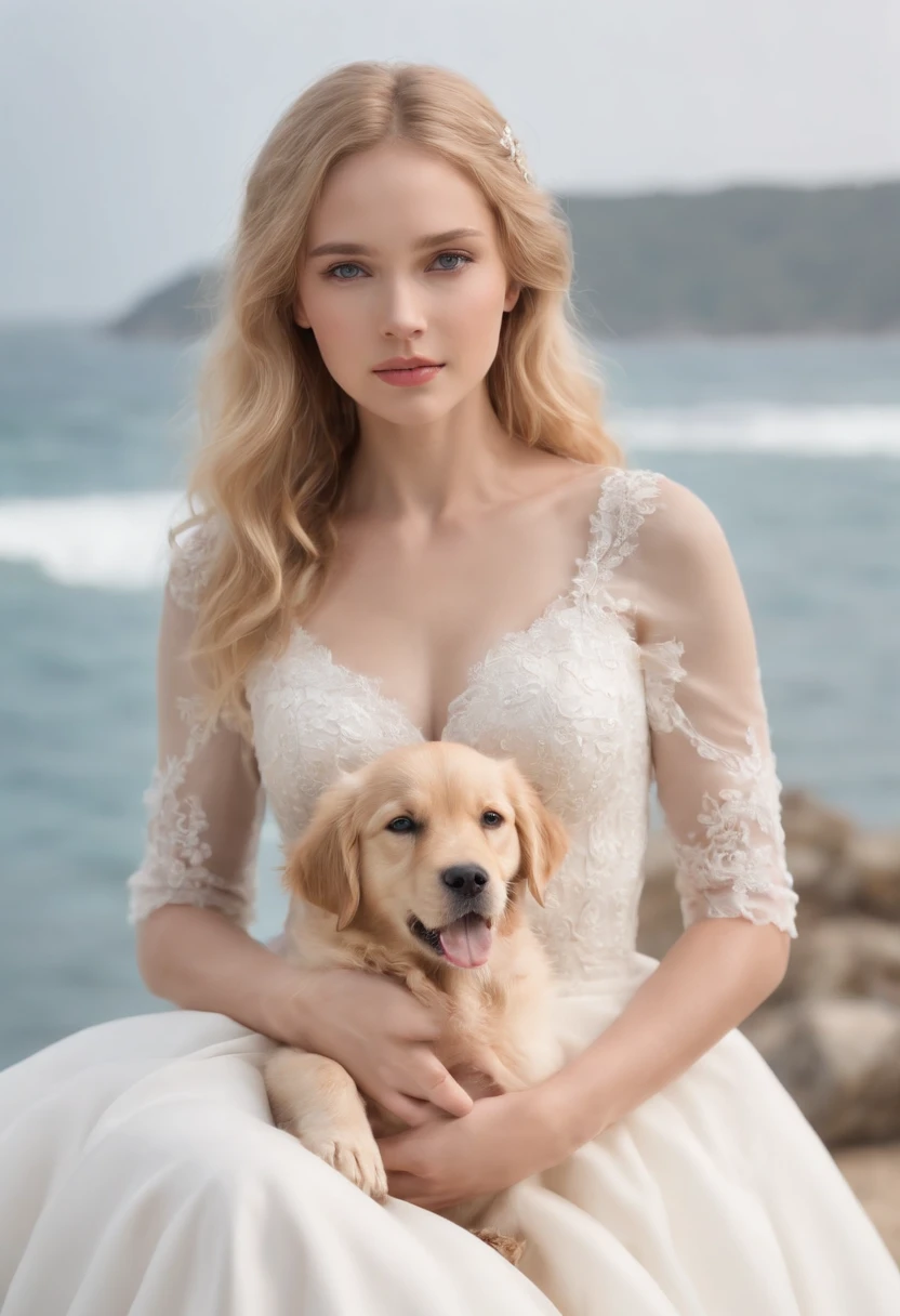 1 beutiful girl, (Realistic:1.3) Inteiroesbian body, standing photo, Stand in front of the blue sea, white wedding gown, Soft dress, blond hairbl, blue color eyes, Wavy curly hair, Master parts, The lighting is soft and blurry, sportrait, best qualityer (perfect  face:1.4), Ultra-realistic with high detail, Complex and realistic simulation style photos，Focus clearly on the eyes, Cinematic lighting, studio shoot, Pose with the Golden Retriever sitting next to her