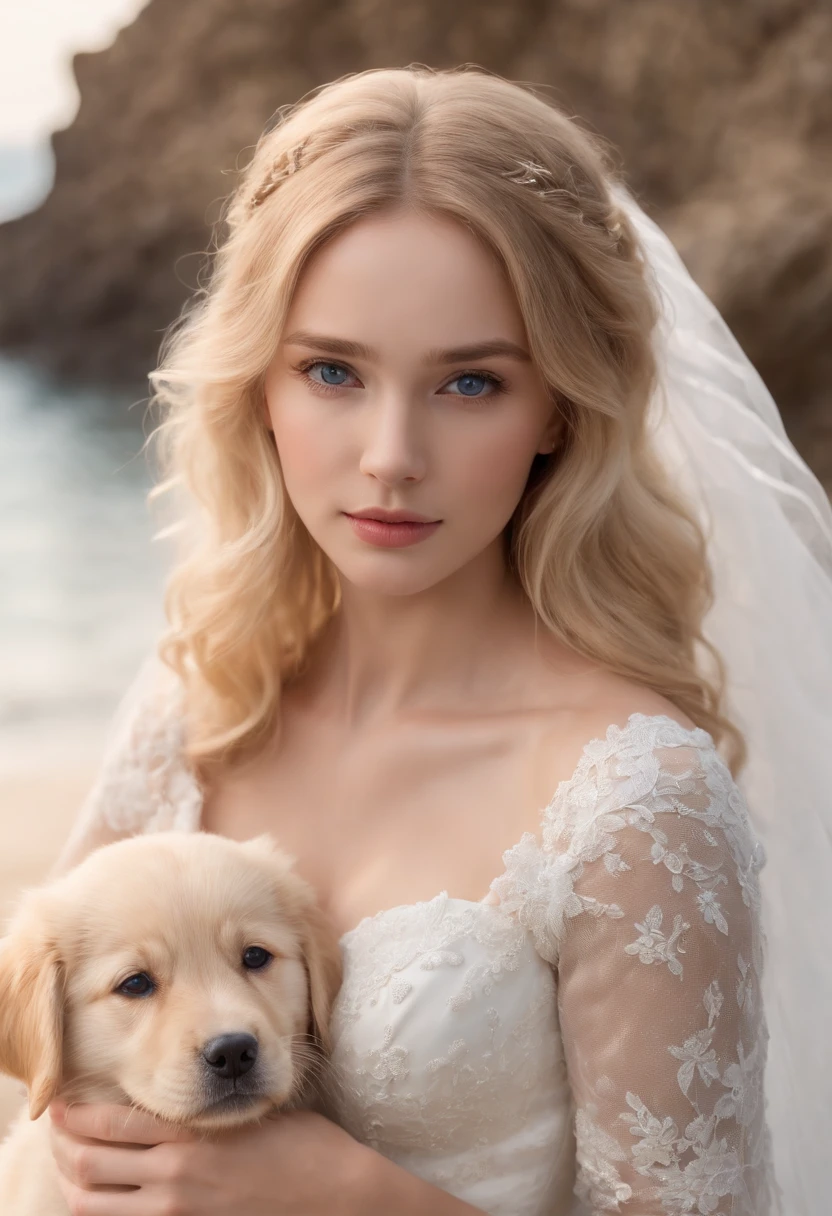1 beutiful girl, (Realistic:1.3) Inteiroesbian body, standing photo, Stand in front of the blue sea, white wedding gown, Soft dress, blond hairbl, blue color eyes, Wavy curly hair, Master parts, The lighting is soft and blurry, sportrait, best qualityer (perfect face:1.4), Ultra-realistic with high detail, Complex and realistic simulation style photos,Focus clearly on the eyes, Cinematic lighting, studio shoot, Pose with the Golden Retriever sitting next to her