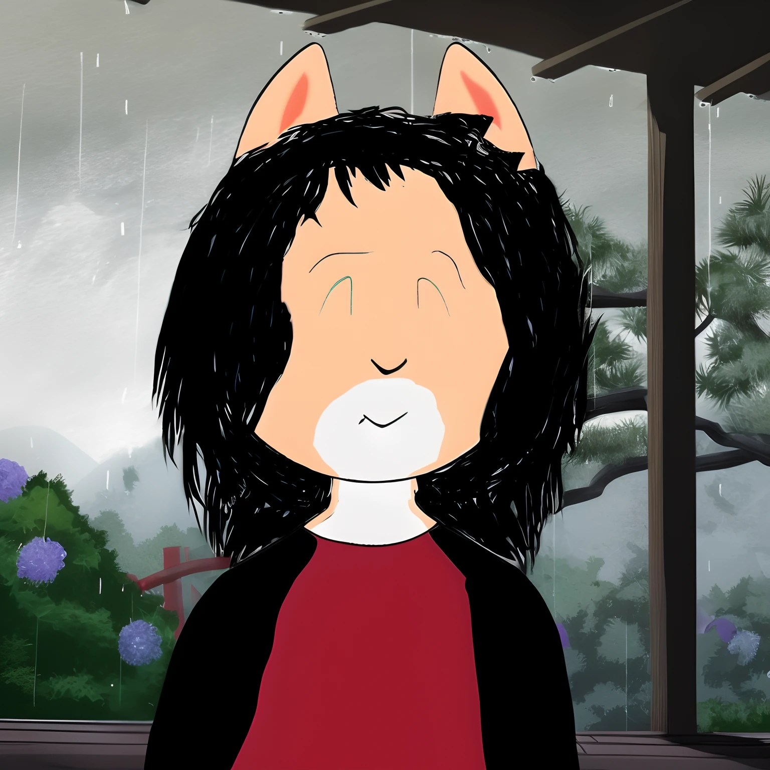 desenho animado de uma mulher com cabelo preto e orelhas de gato, Cabelos compridos humanoide Fursona, em estilo anime, retrato de personagem de mim, Retrato chovendo, inspired by Taiyō Matsumoto, raining outside, menino emo com orelhas de gato e cauda, em estilo anime, gato anime, in japanese anime style, rainy day outside, Retrato Lofi, gato anime