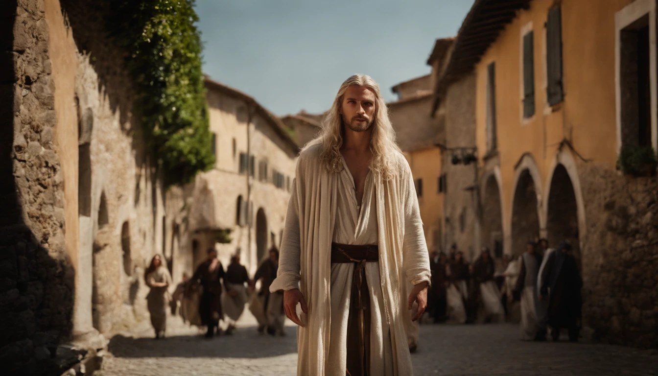 photo of a man about 19 years old, natural white long hair, walkin throught the italian village, with many people watching him, ultra sharp focus, photo realistic, medieval men's clothing, tetrahedral colors (scar:1,4)