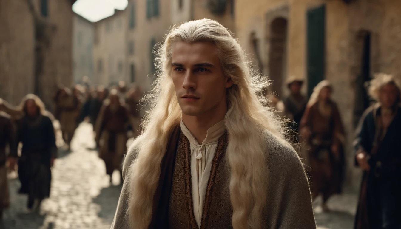 photo of a man about 19 years old, natural white long hair, walkin throught the italian village, with many people watching him, ultra sharp focus, photo realistic, medieval men's clothing, tetrahedral colors (scar:1,4)