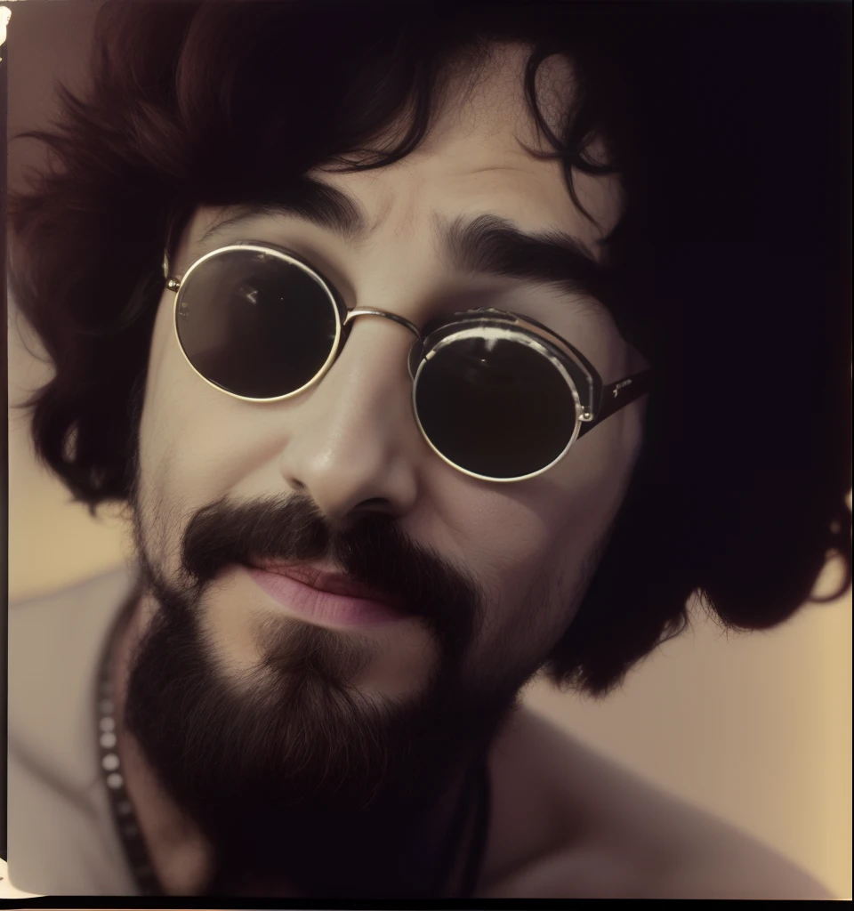 Arafed foto de un hombre,mitad de cuerpo viendo al frente, con barba y gafas de sol, Jerry, Jerry Garcia, Juan Liberado, George Harrison, Terence McKenna, John Lennon, Frank Zappa, hippy, Eddie, hippie, Viejo John Lennon, rasgadura, Granulada, photo from the 70s, 7 0 s foto, Elton John Lennon, Tim Burton supermuestreado, Bob Dylan, foto de frente, medio cuerpo, restaurar foto, agregar color, realista