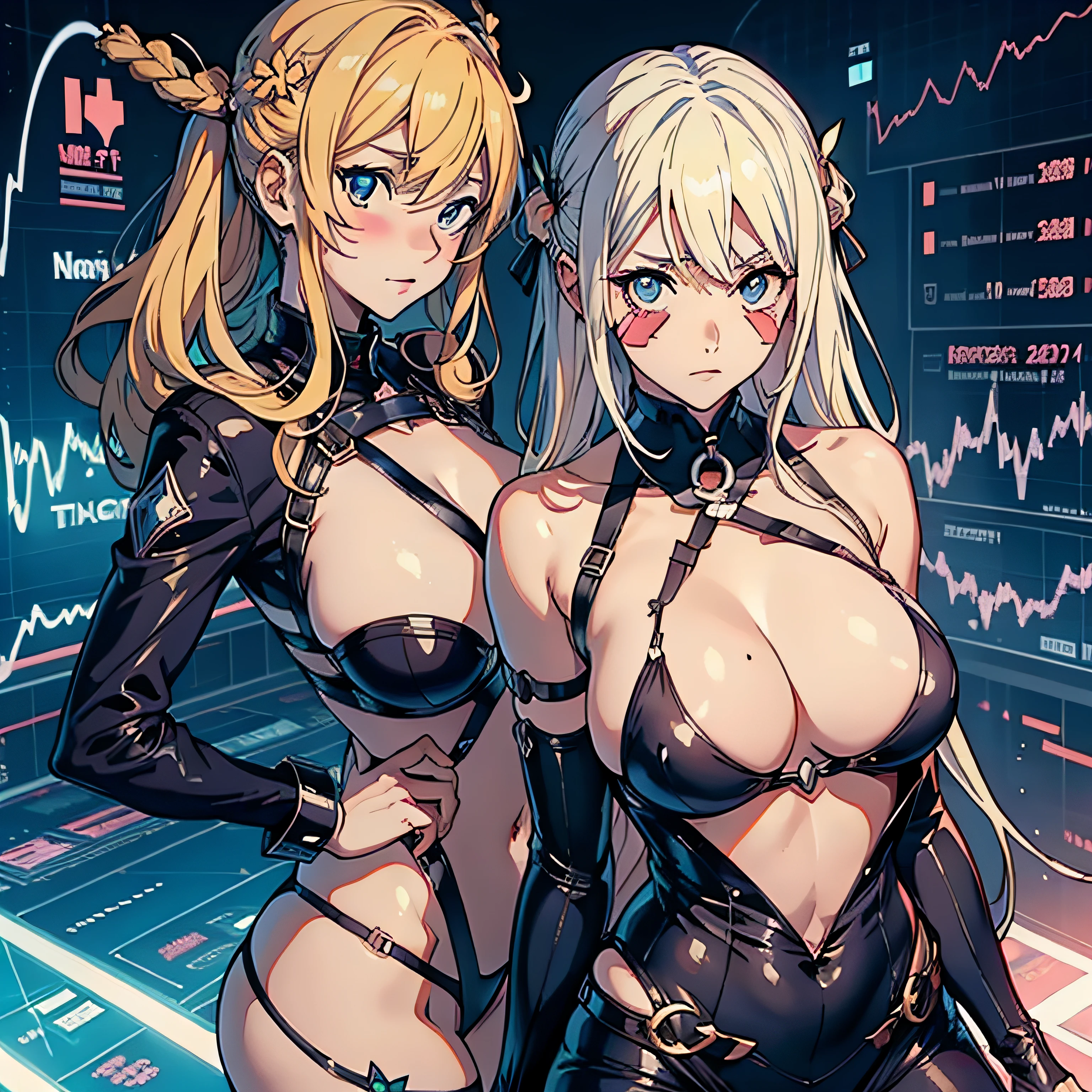 Anime Waifu mit riesigen Titten, die zusehen, how the stock market crashes, (Erschrockenes Gesicht:1.4)