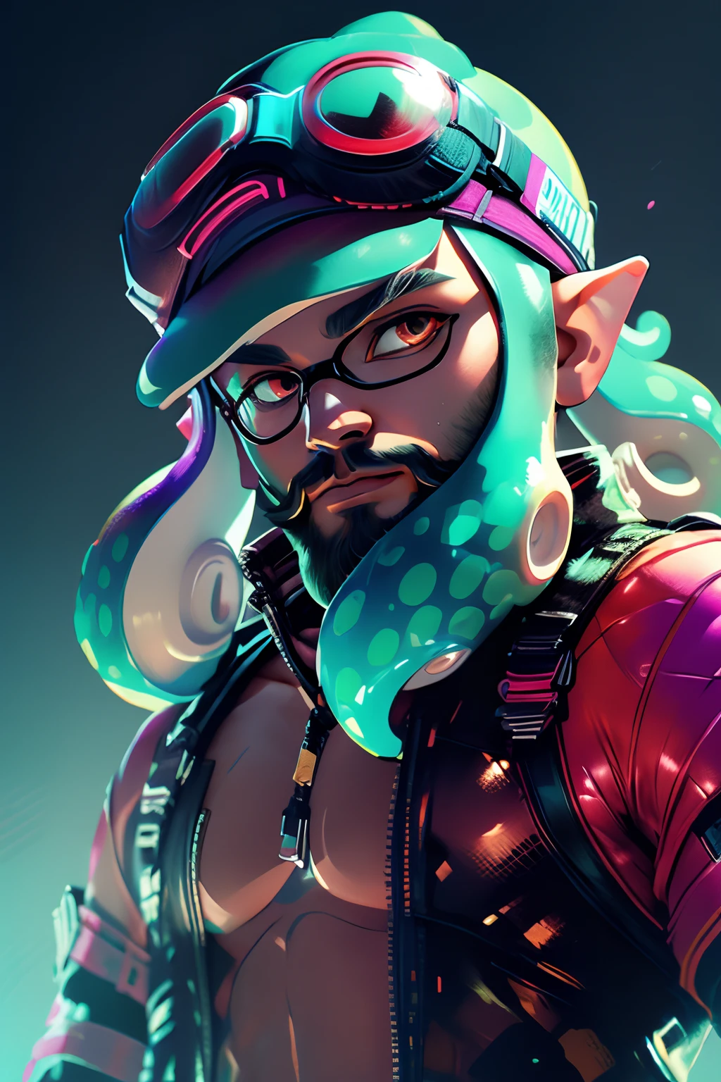 male masculine bearded man, tentacle hair, splatoon