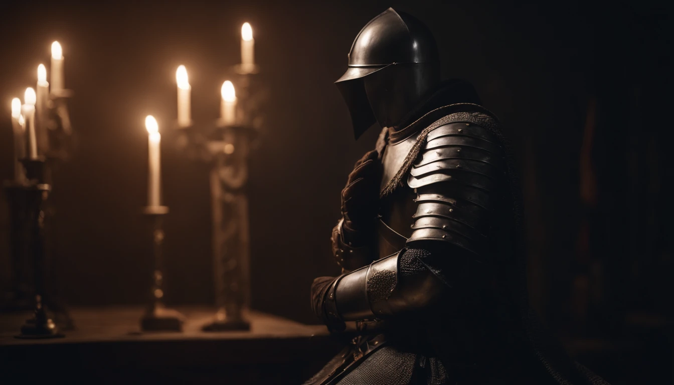 templar night in his armor praying in front of a cross
