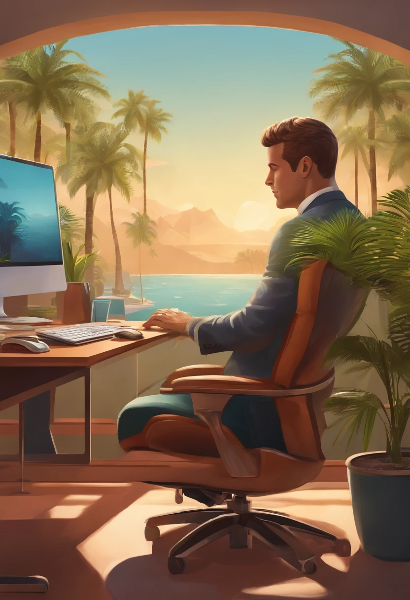 Use this chair, the person on it straightens his back, this is an office, palm trees are visible from the office. People work on computers, but they are not computers, computer desks.