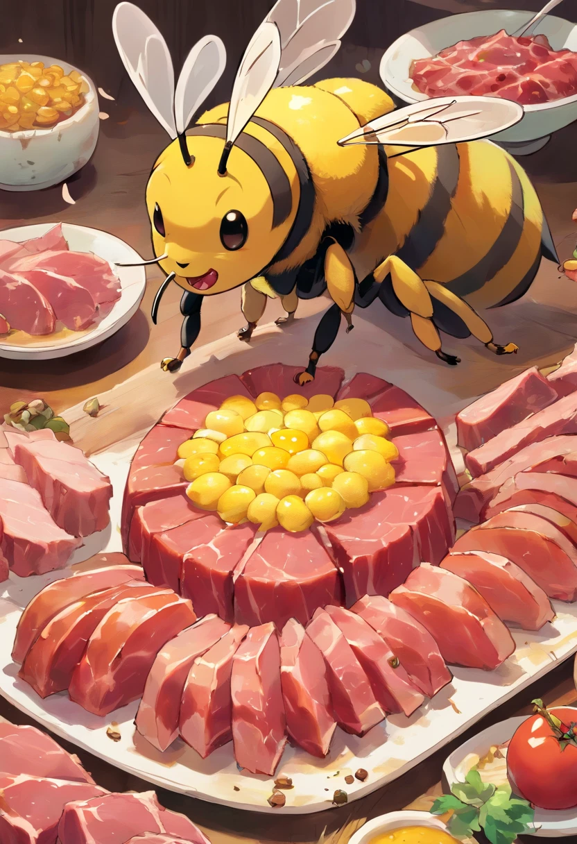 Generate a illustration where bee-like creatures are feasting on slices of meat. Depict these bee-like creatures holding the meat with their tiny legs and enthusiastically devouring it