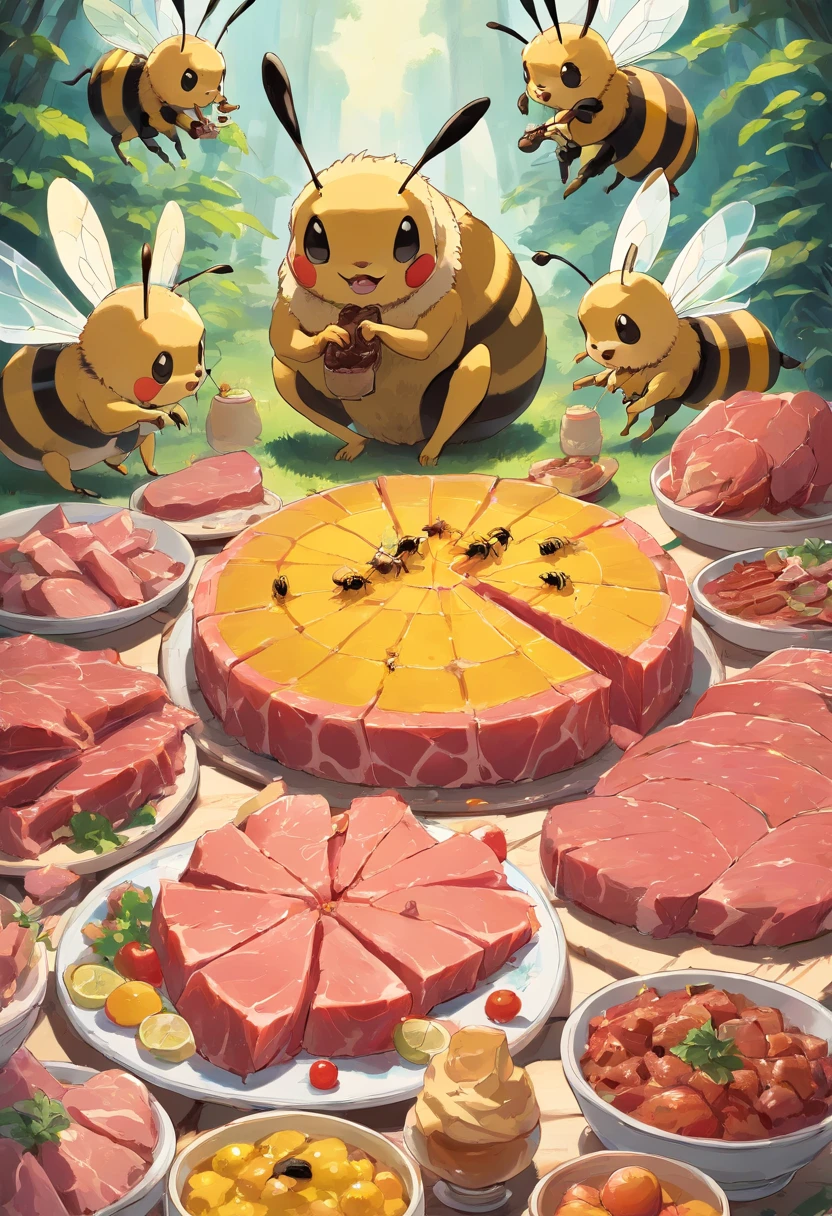 Generate a illustration where bee-like creatures are feasting on slices of meat. Depict these bee-like creatures holding the meat with their tiny legs and enthusiastically devouring it