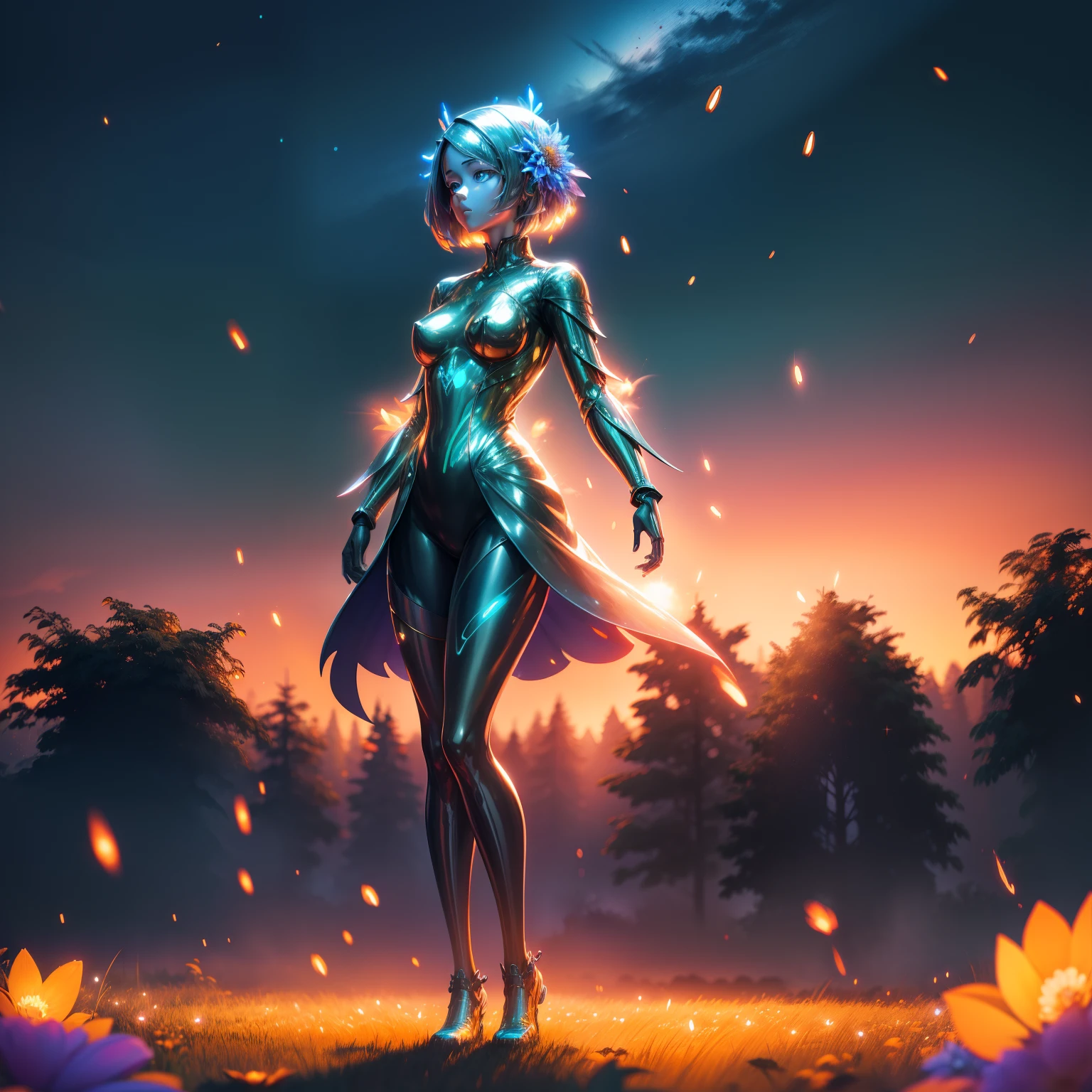 women coated with a metal slime, standing in a field surrounded by glowing  fireflies, high quality, 4k, highly detailed, lone figure, full body, colorful flowers, Grace weaving on the wind, evening giving way to night, orange skyline