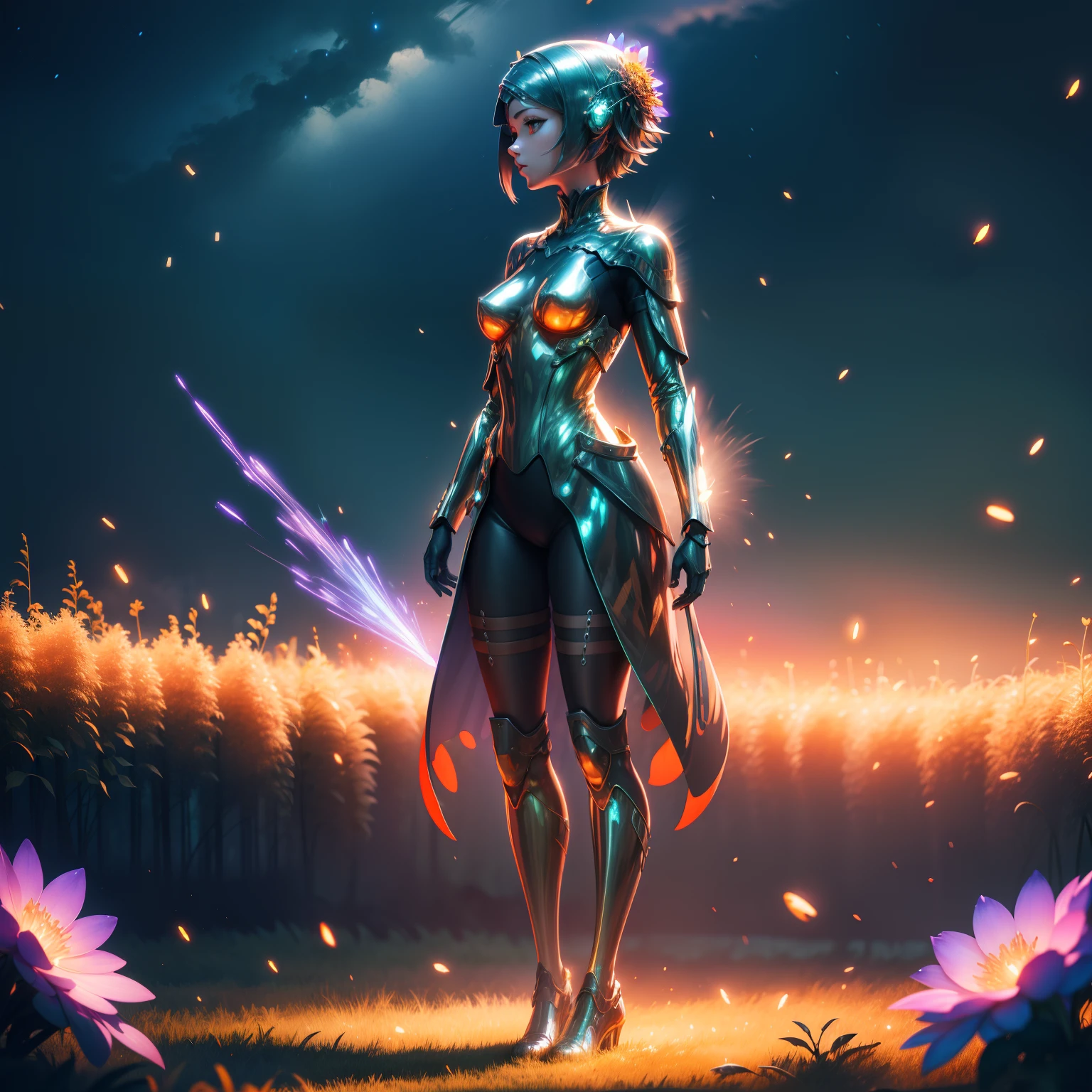 women coated with a metal slime, standing in a field surrounded by glowing  fireflies, high quality, 4k, highly detailed, lone figure, full body, colorful flowers, Grace weaving on the wind, evening giving way to night, orange skyline