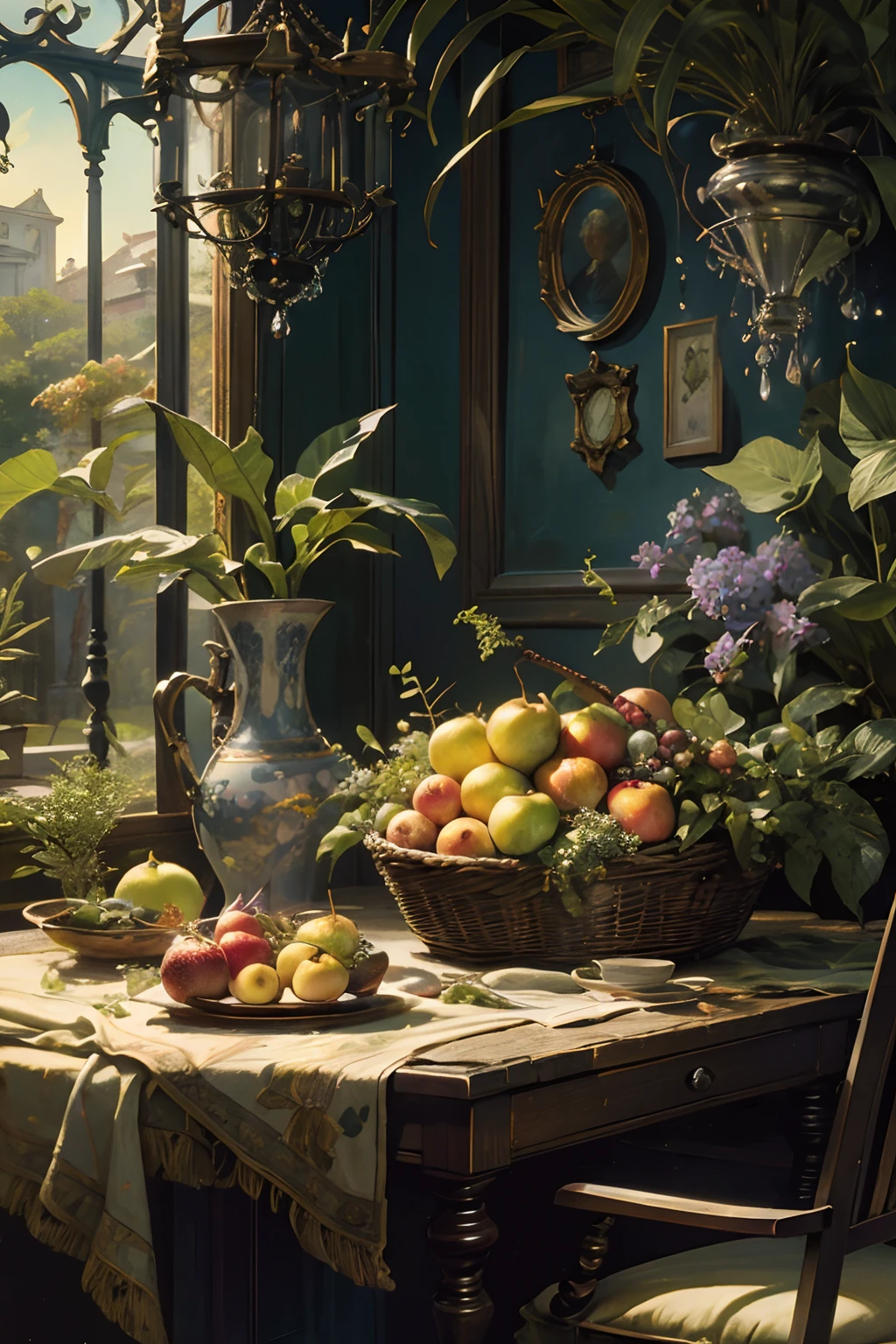 Vintage Victorian style Precise vintage encyclopedia (best quality:1.2), (detailed:1.2), (masterpiece:1.2), vintage illustrations of fruit garden, fruits, botanical, ((without people)) ((nobody)) iridescent light, raindrops, sunny day, still life, nature