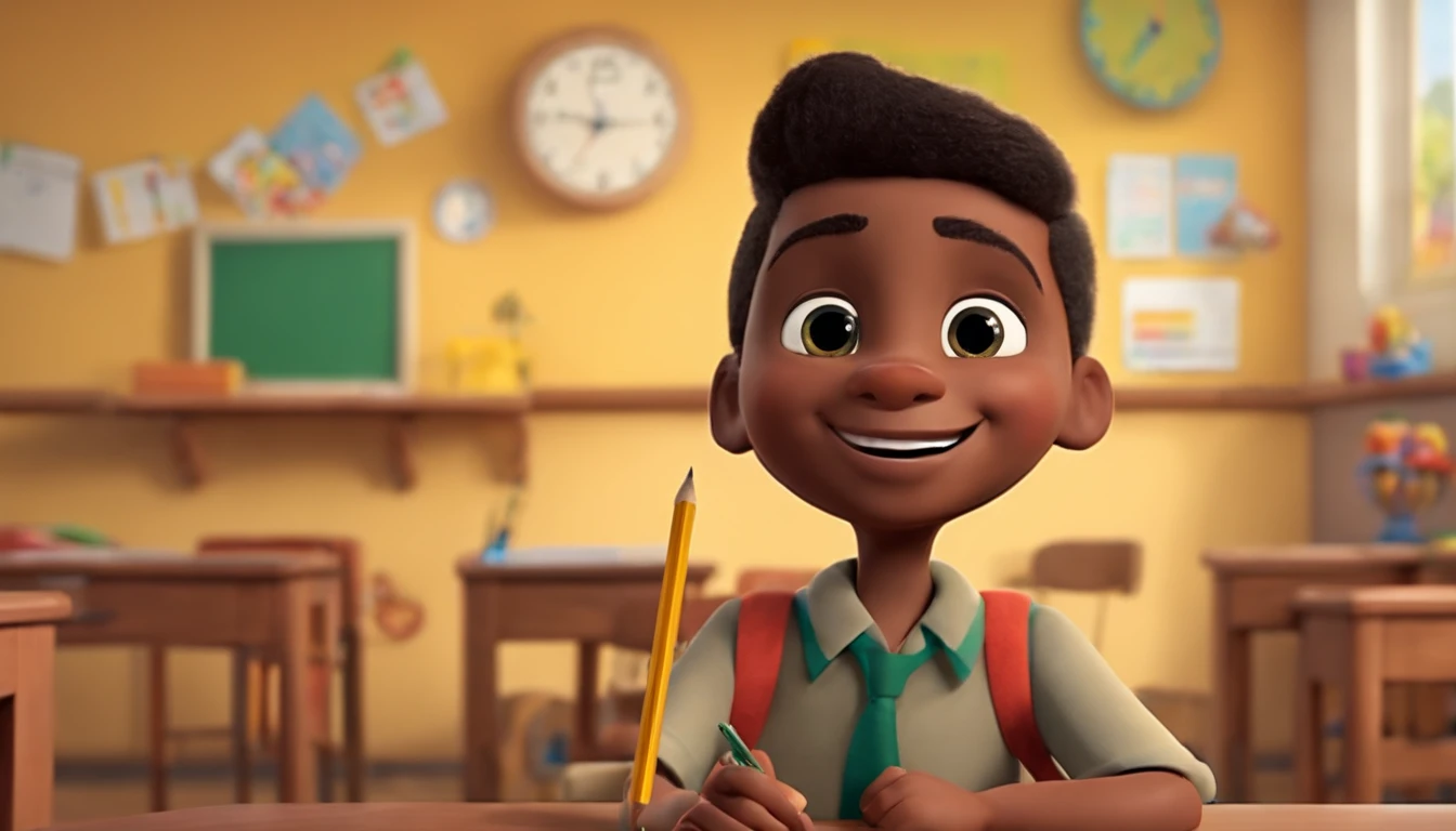 1 de 7 anos, smooth hair, negro, corpo inteiro, parte superior do corpo, Child dressed in school clothes, vestir, holding a pencil, olhando para o lado, feliz, Colorful school scenarios