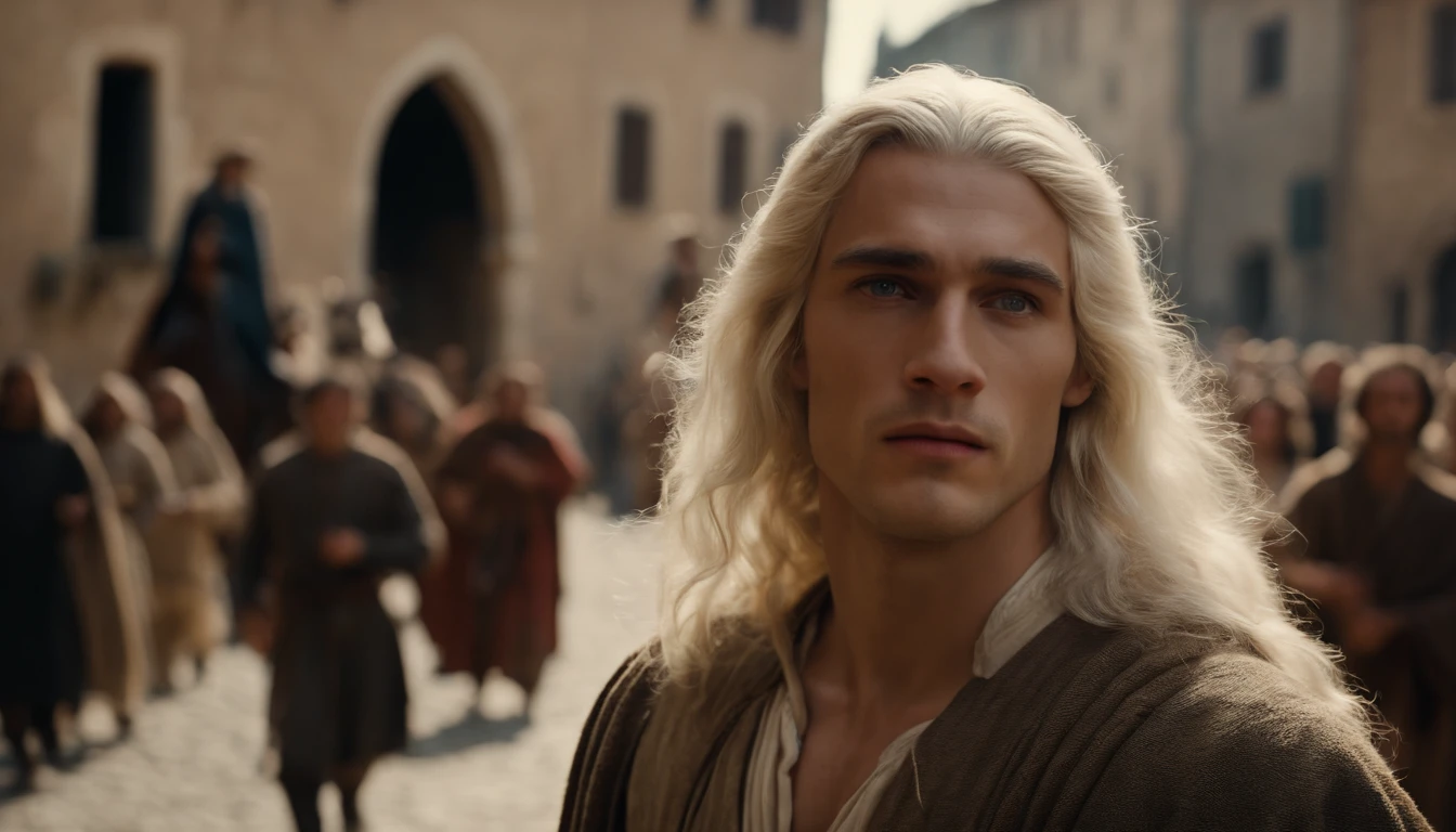 photo of a man about 19 years old, natural white long hair, walkin throught the italian village, with many people watching him, ultra sharp focus, photo realistic, medieval men's clothing, tetrahedral colors (scar:1,4)