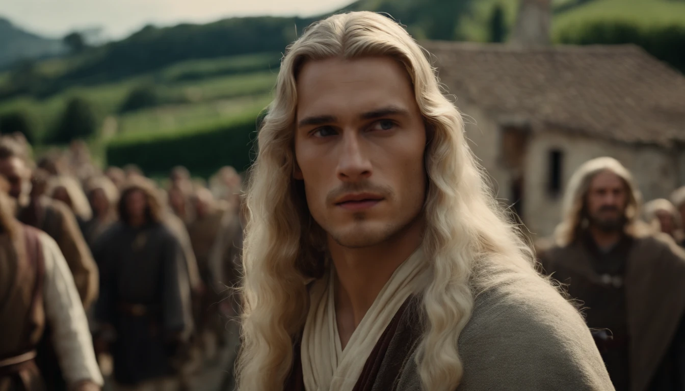 photo of a man about 19 years old, natural white long hair, walkin throught the italian village, with many people watching him, ultra sharp focus, photo realistic, medieval men's clothing, tetrahedral colors (scar:1,4)