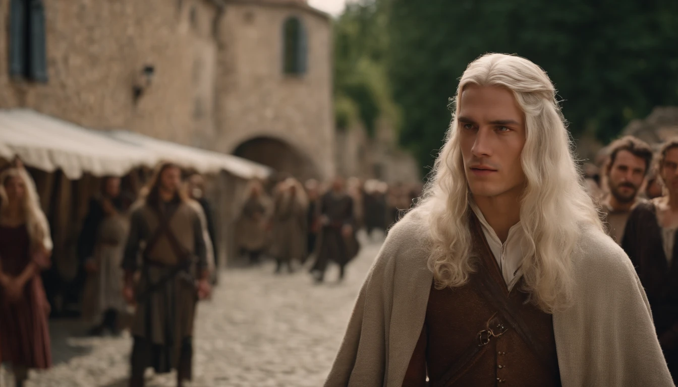 photo of a man about 19 years old, natural white long hair, walkin throught the italian village, with many people watching him, ultra sharp focus, photo realistic, medieval men's clothing, tetrahedral colors (scar:1,4)