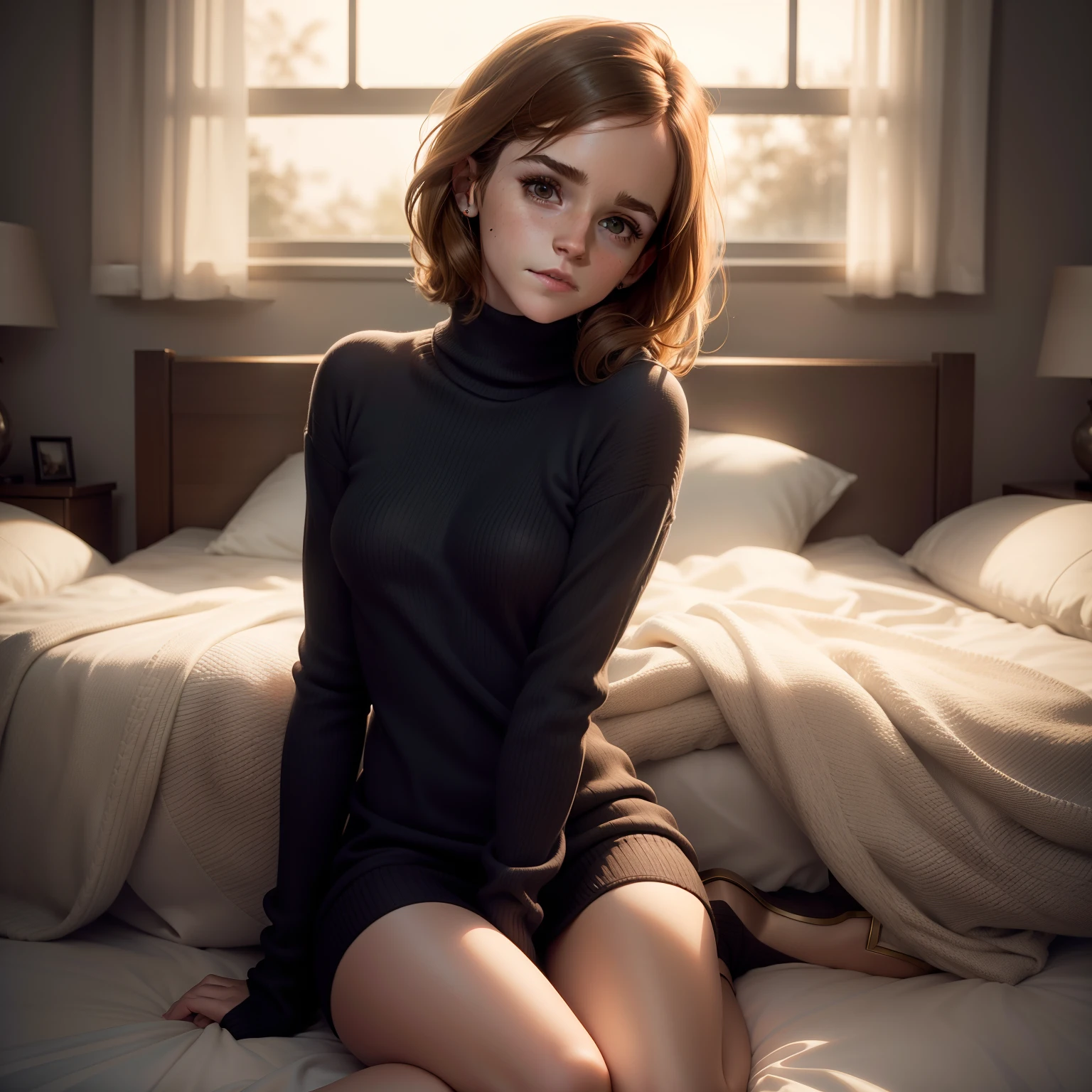 (((Emma Watson))), (the very tall slender woman lies on a cozy sofa next to a flickering fireplace of a mountain hut), (she has round breasts), big eyes, (small head), naked, (photorealistic), (ray tracing), (cinema lighting), (sharp focus), collarbone, (detailed face), natural and realistic skin textures, soft face