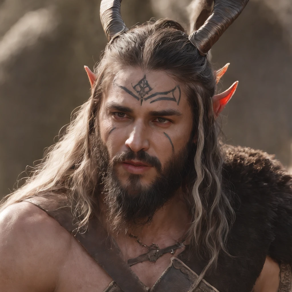 Hideous face,Strengthen your body,blood color eyes,Dark Greatsword,divinity,Pulsating life,Reverse goat's feet,intricately ornamented,A faint mist of blood,Sharp head angle,Partial hulling,Mysterious runes,fantasy features,Fantasy work,The contour is sharp, sun tattoo on head