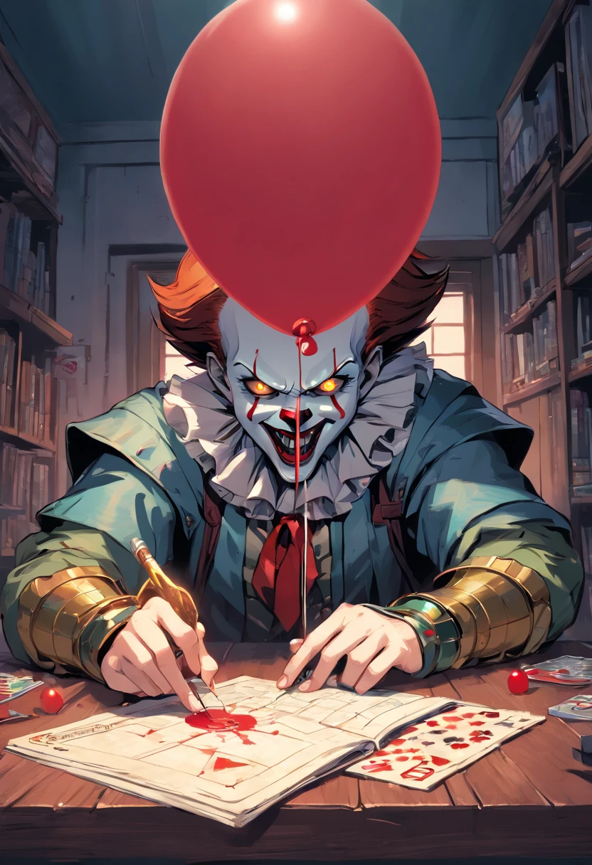 Adult robot man as pennywise, efeito vhs, (poster: 1.6), poster on the wall, terror, horror movie poster, horror, assustador, detalhes escuros, hiperdetalhado, blood tracing, Subsurface dispersion, heavy lighting for the dark, raso profundidade de campo, jorrando sangue, noite, trevas, darkeness, assassino, risada, dentes longos, big hand, jogando dado, rpg, rpg de mesa, jogando dados na mesa, mesa com dados, livro, dados sendo jogados, D20, dado de 20 lados, jovens assustados no fundo, medo, jovens com medo, narrando jogo, narrando rpg, jogando dados de rpg, mestrando rpg, rpg de mesa, jovens com medo, jovens escutando com medo, pennywise rindo, dados de 6 lados, jovens com dados