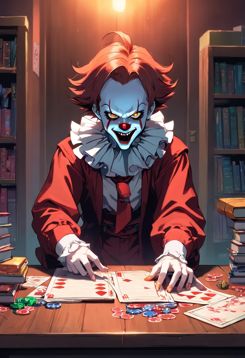 Adult robot man as pennywise, efeito vhs, (poster: 1.6), poster on the wall, terror, horror movie poster, horror, assustador, detalhes escuros, hiperdetalhado, blood tracing, Subsurface dispersion, heavy lighting for the dark, raso profundidade de campo, jorrando sangue, noite, trevas, darkeness, assassino, risada, dentes longos, big hand, jogando dado, rpg, rpg de mesa, jogando dados na mesa, mesa com dados, livro, dados sendo jogados, D20, dado de 20 lados, jovens assustados no fundo, medo, jovens com medo, narrando jogo, narrando rpg, jogando dados de rpg, mestrando rpg, rpg de mesa, jovens com medo, jovens escutando com medo, pennywise rindo, dados de 6 lados, jovens com dados