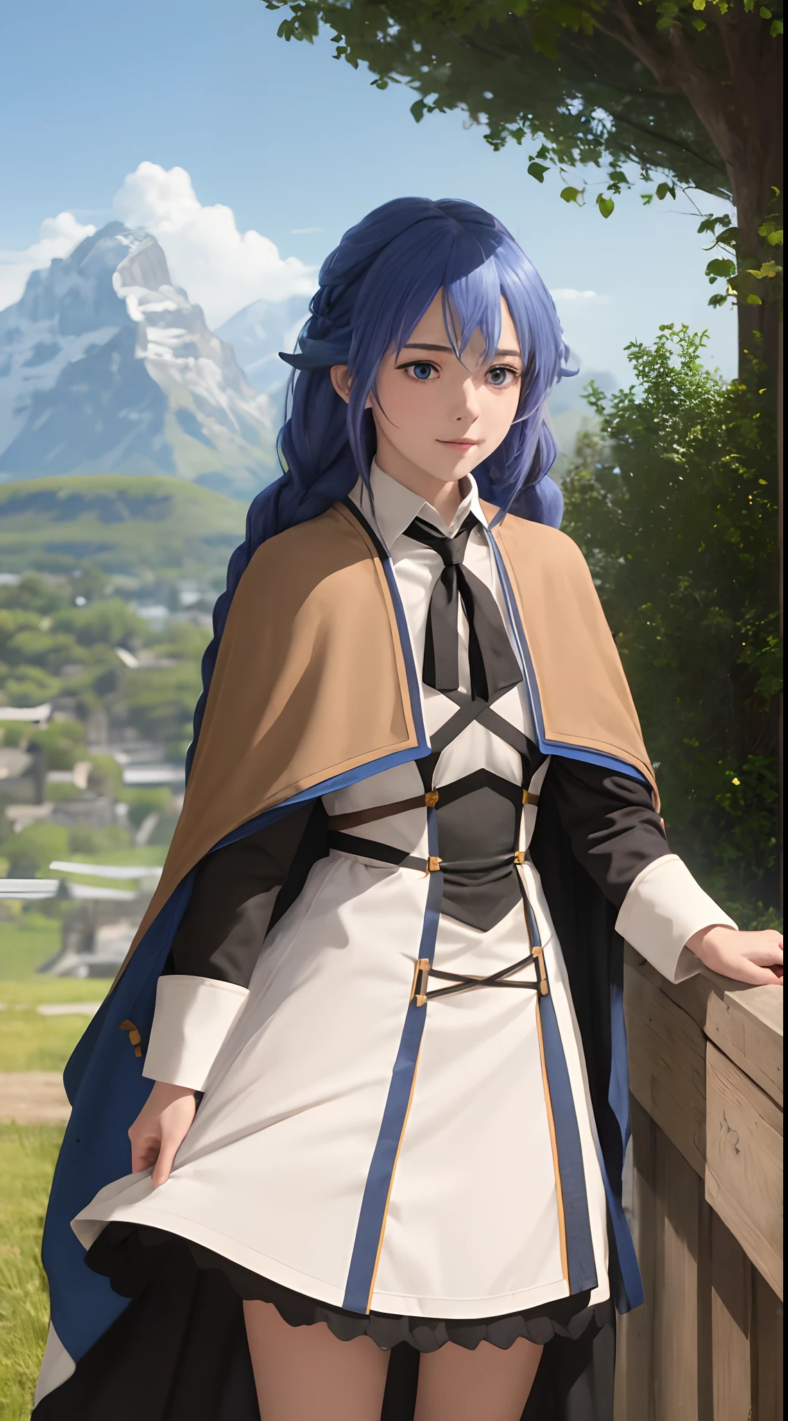 best quality, (masterpiece:1.2), detailed,
1girl, solo, closed mouth, light smile,
twin braids, long hair, blue hair, ahoge, blue eyes,
white dress, neck ribbon, black ribbon, black skirt, brown cape,
standing, looking at the viewer,
outdoors, grass, tree, mountain