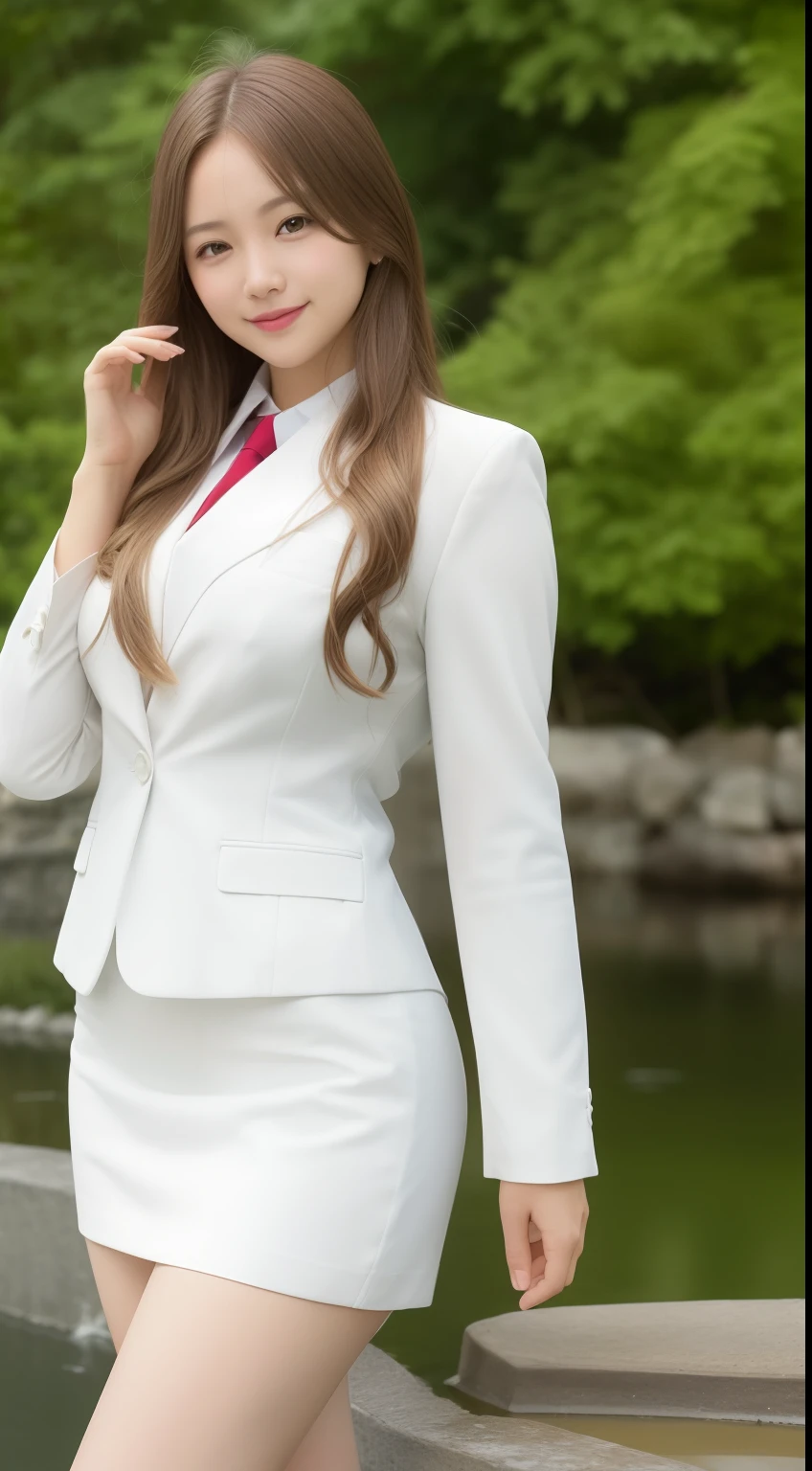 A smiling girl，While wearing a white Business suits，White tight skirt，Stand by the pond，Side view，High hips，com rosto detalhado，The eyes are delicate，The photo quality is the best，Realistic image quality，Background diffuse lighting，Depth of field display。