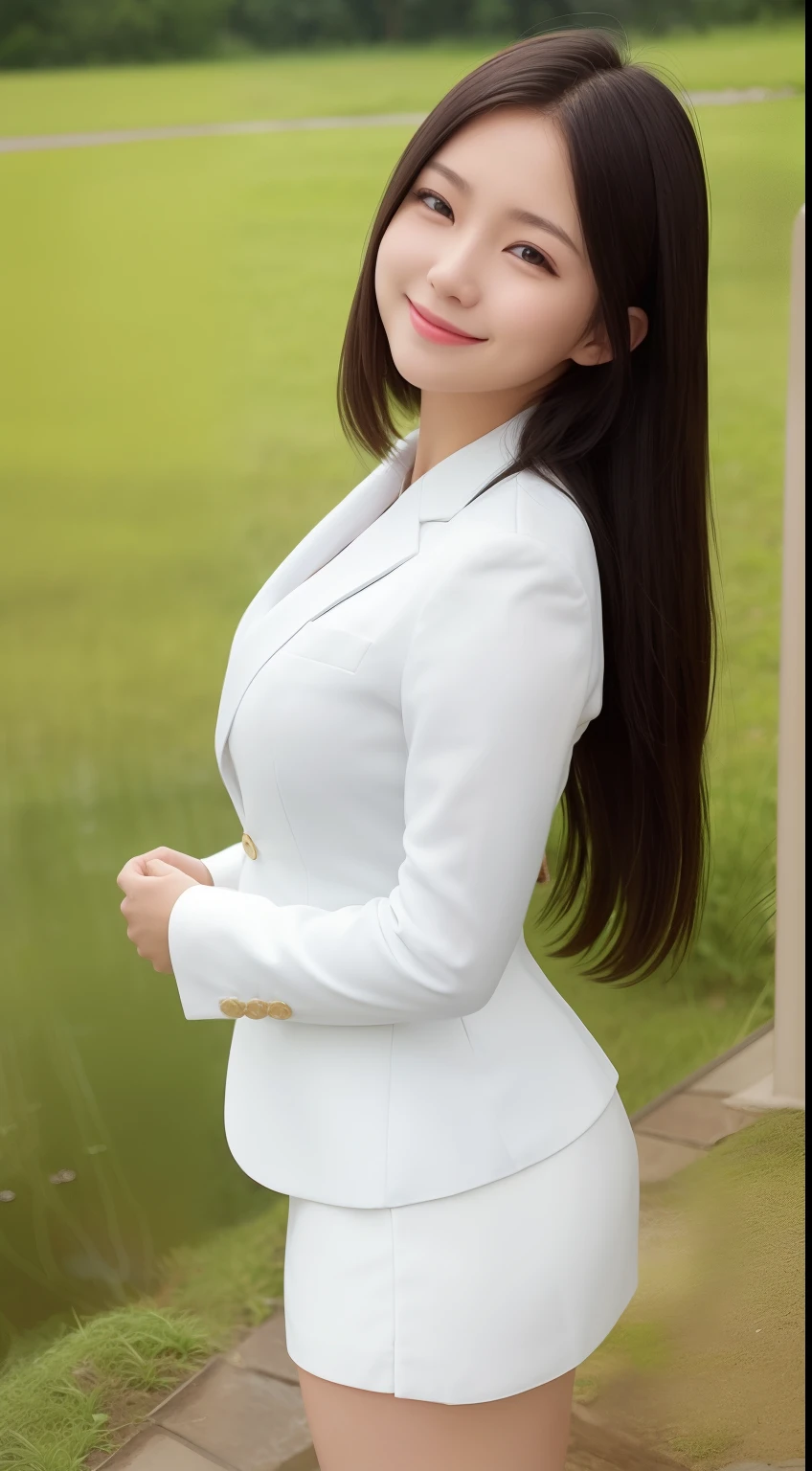 A smiling girl,While wearing a white Business suits,White tight skirt,Stand by the pond,Side view,High hips,com rosto detalhado,The eyes are delicate,The photo quality is the best,Realistic image quality,Background diffuse lighting,Depth of field display。