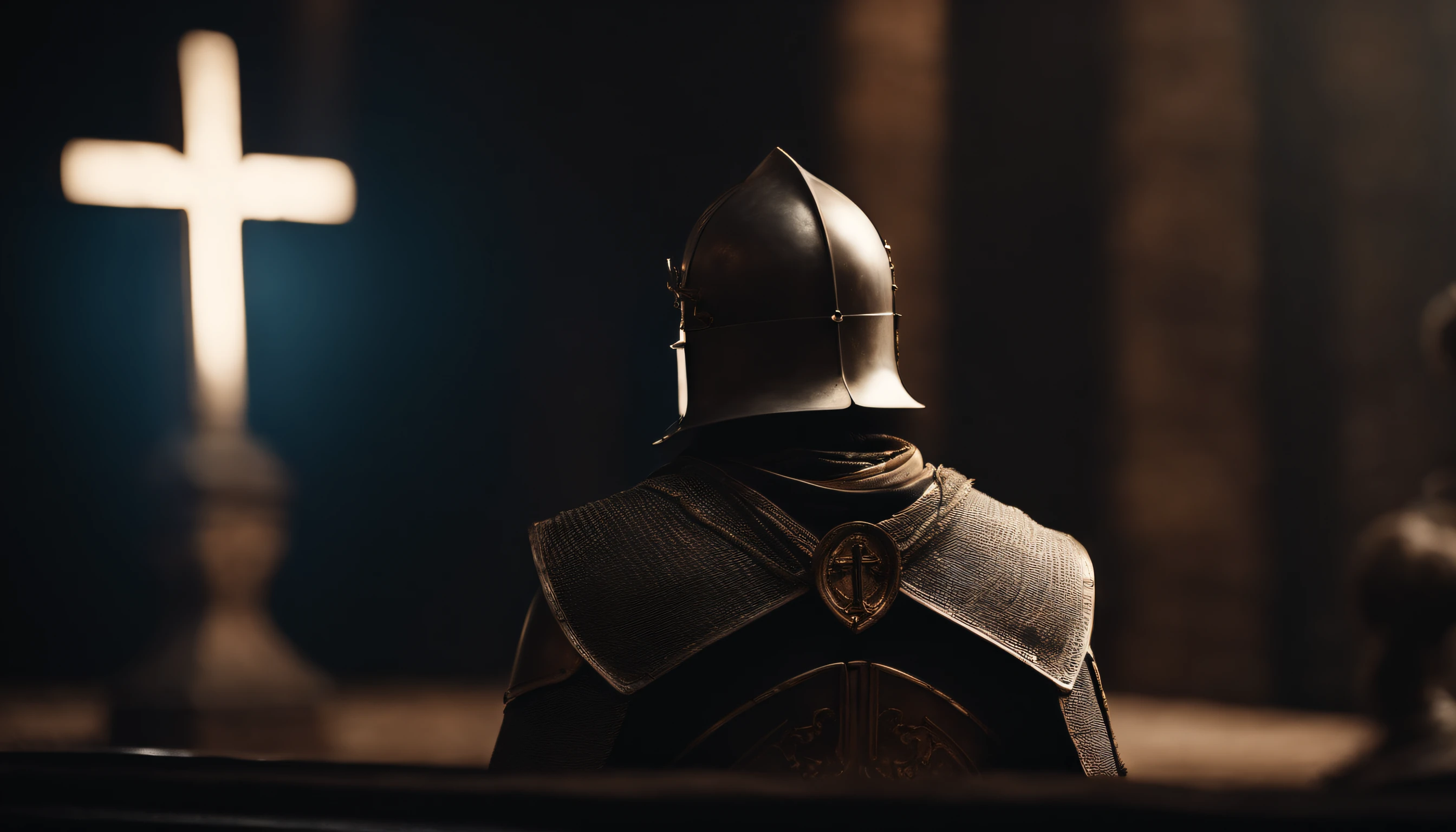 templar night in his armor praying in front of a cross
