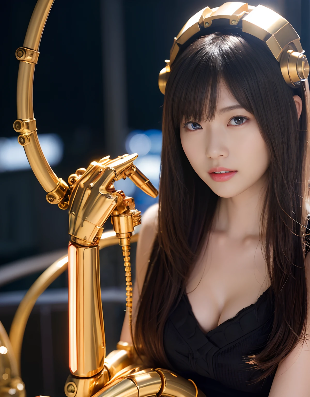 (1 Mechanical Girl)、top-quality、masterpiece、超A high resolution、(Photorealsitic:1.4)、Raw photo、女の子1人、Golden hair、glowy skin、(((1 Mechanical Girl)))、(LED Lamp Mechanical Helmet)、(Small LED)、((super realistic details))、portlate、globalillumination、Shadow、octan render、8K、ultrasharp、Colossal tits、Raw skin is exposed in cleavage、metals、Details of complex ornaments、Japan details、highly intricate detail、Realistic light、CGSoation Trends、Red Eyes、radiant eyes、Facing the camera、neon details、(Mechanical limbs)、(blood vessels connected to tubes)、Mechanical vertebrae attached to the back、mechanical cervical attaching to neck、sitting on、(Wires and cables connecting to the head)、Gundam、Small LED、