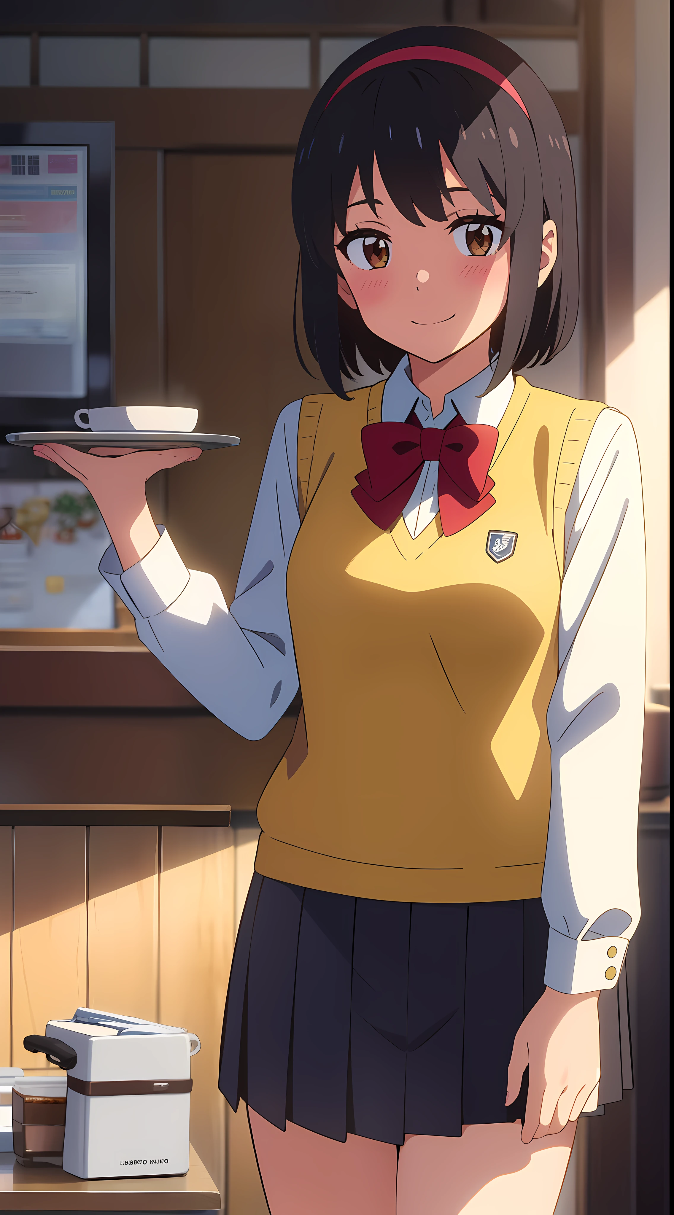 shinkai makoto, kimi no na wa., 1girl, bangs, black hair, blush, bow, brown eyes, collared shirt, headband, looking at the viewer, red bow, red headband, red ribbon, school uniform, shirt, short hair, smile, solo, sweater vest, vest, white shirt, yellow sweater vest, yellow vest, smile, happy, short skirt, long sleeves, puffy sleeves, red neckerchief, indoors, coffee shop, cowboy shot, tray, tray in one hand, coffee, clipboard, flower