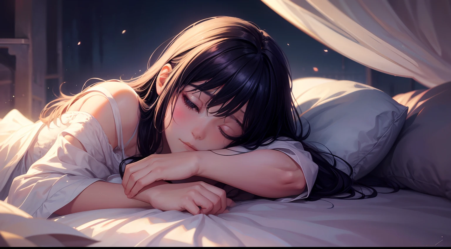 There is a woman sleeping in a bed with a white sheet, soft digital painting, soft illustration, artwork in the style of guweiz, serene illustration, blurry and dreamy illustration, calm night. digital illustration, realistic cute girl painting, realistic digital painting, painted in painter studio, realistic illustration, realistic artstyle, dreamy illustration, adorable digital painting