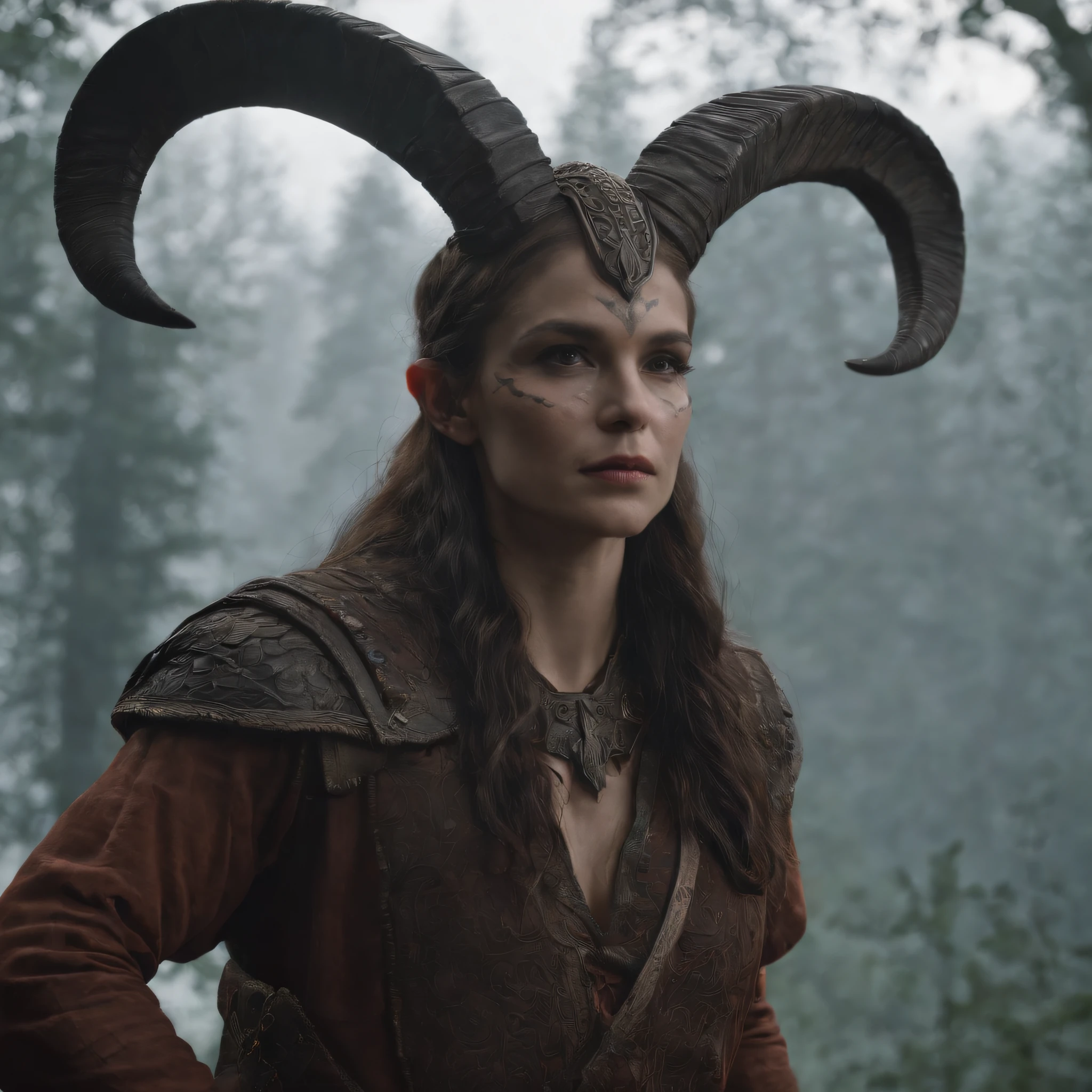 Hideous face，Strengthen your body，blood color eyes，Dark Greatsword，divinity，Pulsating life，Reverse goat's feet，intricately ornamented，A faint mist of blood，Sharp head angle，Partial hulling，Mysterious runes，fantasy features，Fantasy work，The contour is sharp, sun tattoo on head