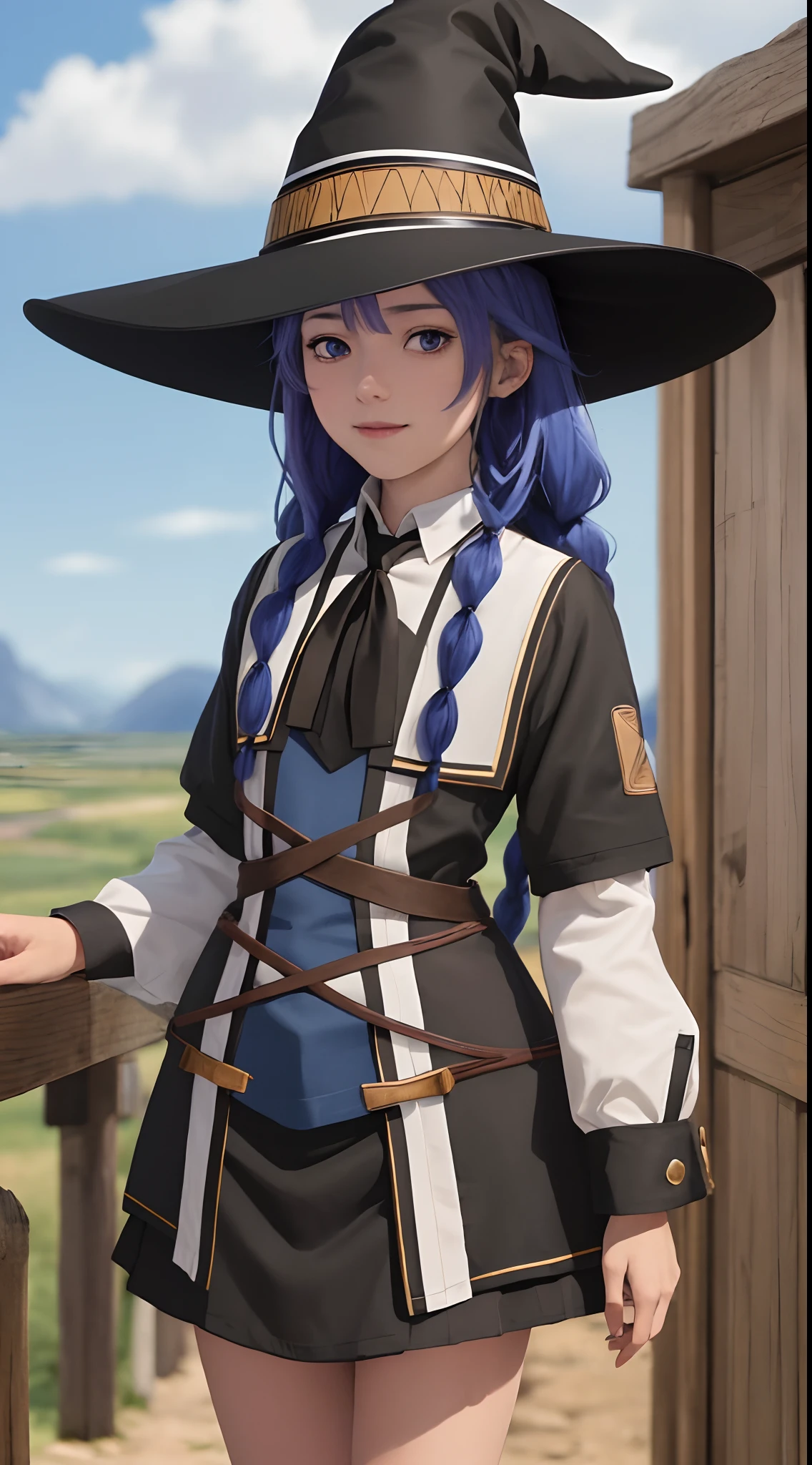 best quality, (masterpiece:1.2), detailed,
1girl, solo, closed mouth, light smile,
twin braids, long hair, blue hair, blue eyes,
brown dress, neck ribbon, black ribbon, witch hat, black hat,
standing, looking at the viewer,
outdoors, desert