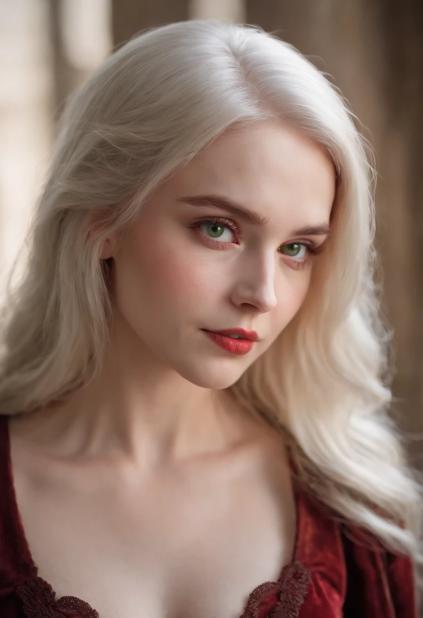 (((a deep reddish wound crosses her left cheek))) fair complexion, woman around 19 years old, natural white hair, distinctive green eyes, wearing kohl, slender and graceful, beautiful, candlelight in a medieval setting, ultra sharp focus, realistic shot, medieval female clothes, tetradic colors (scar:1.4)
