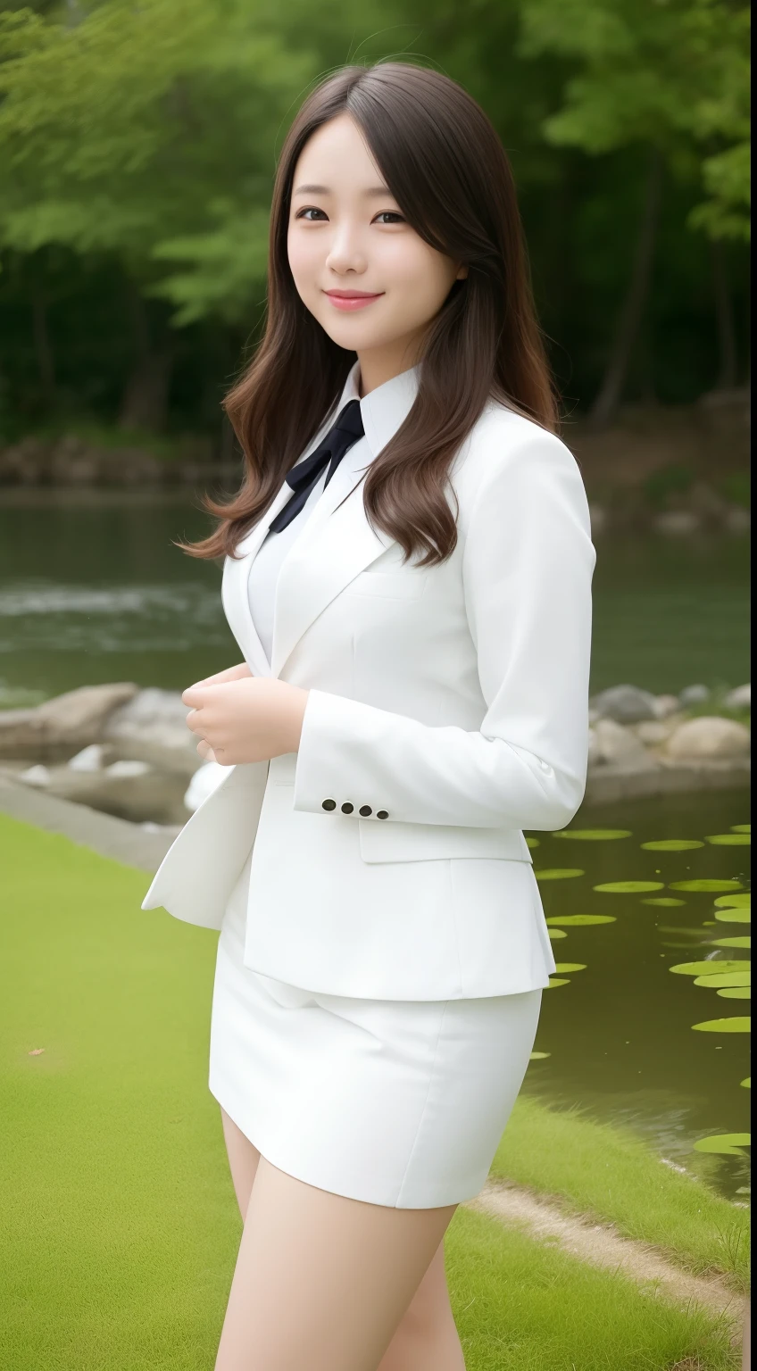 A smiling girl,While wearing a white Business suits,White tight skirt,Stand by the pond,Side view,High hips,com rosto detalhado,The eyes are delicate,The photo quality is the best,Realistic image quality,Background diffuse lighting,Depth of field display。