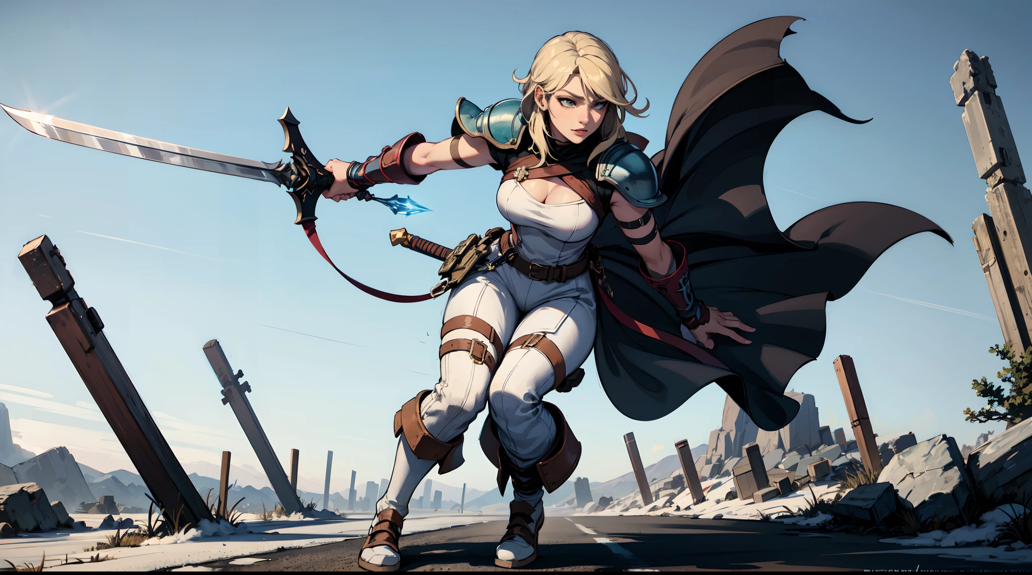 masterpiece, ((White clothes)),best quality, Agrias, simple armor with neckline, short blonde hair, assasina, white shoe, ice, fantasy, solo, pants, ice effects, Holding a sword, perfect hands, perfect fingers, highleg tights,using anbu mascarat,full body,Background on a battlefield with several dead on the horizon, cutting head with sword,