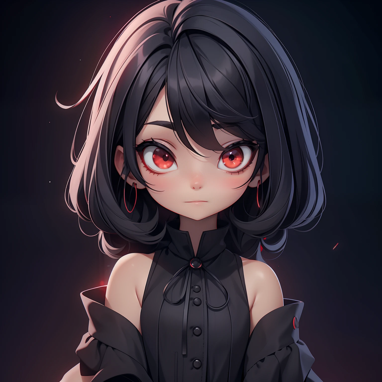 A girl, black hair, black high low dress, glowing red eyes, night city background